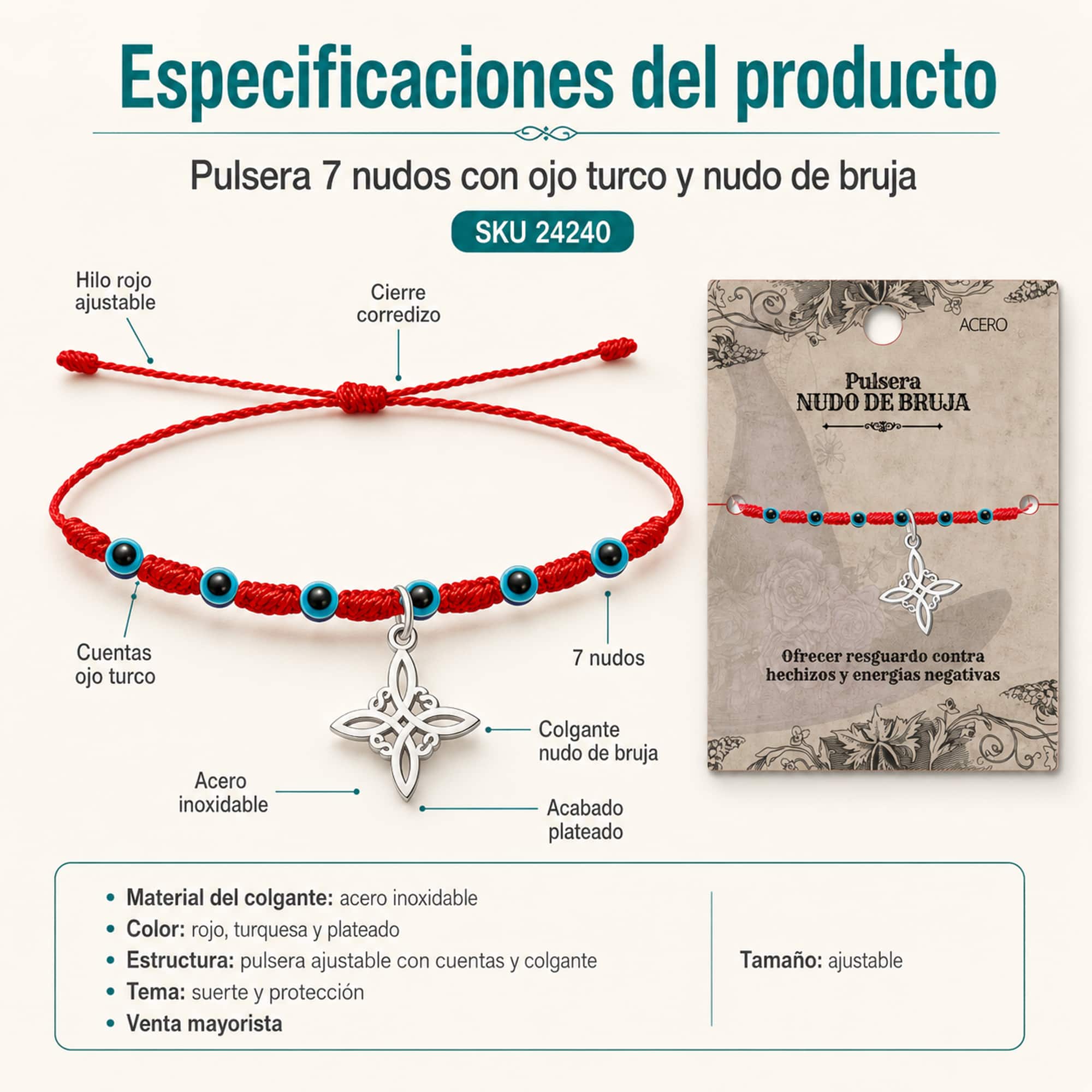 PULSERA 7 NUDOS CON OJO DE TURCO Y NUDO DE BRUJA ACERO PLATEADO