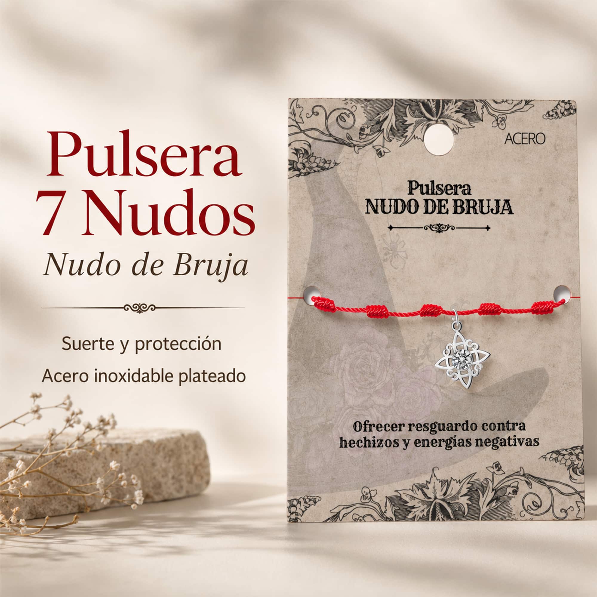 PULSERA 7 NUDOS CON NUDO DE BRUJA ACERO PLATEADO