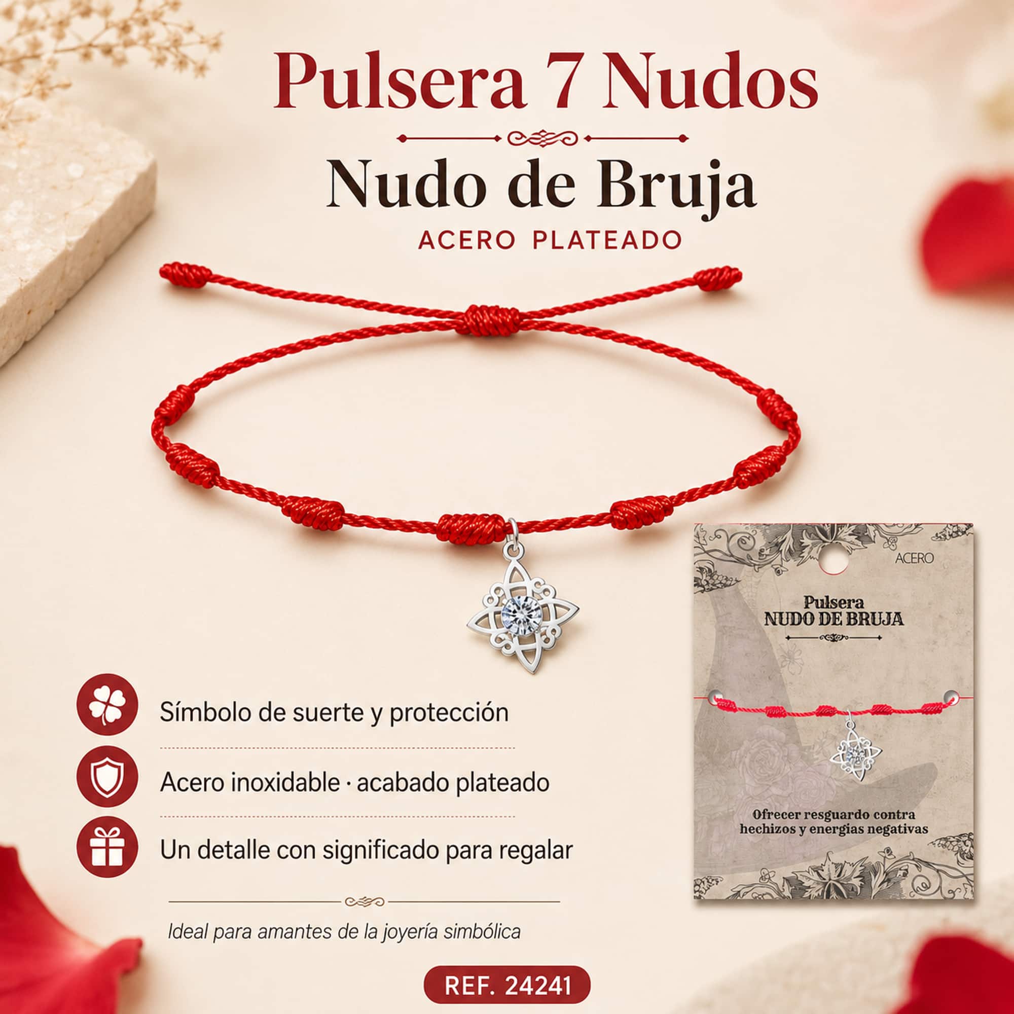 PULSERA 7 NUDOS CON NUDO DE BRUJA ACERO PLATEADO