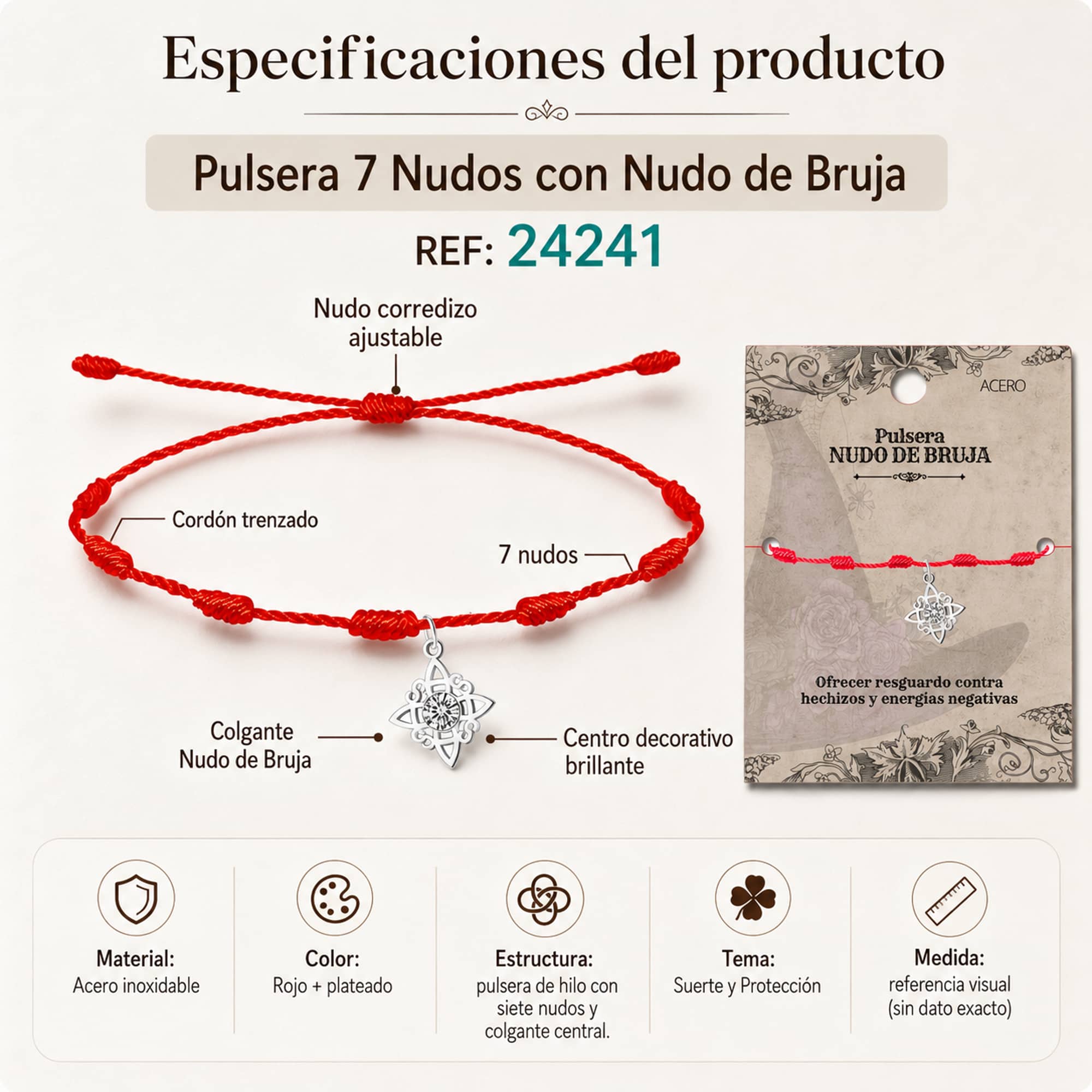 PULSERA 7 NUDOS CON NUDO DE BRUJA ACERO PLATEADO
