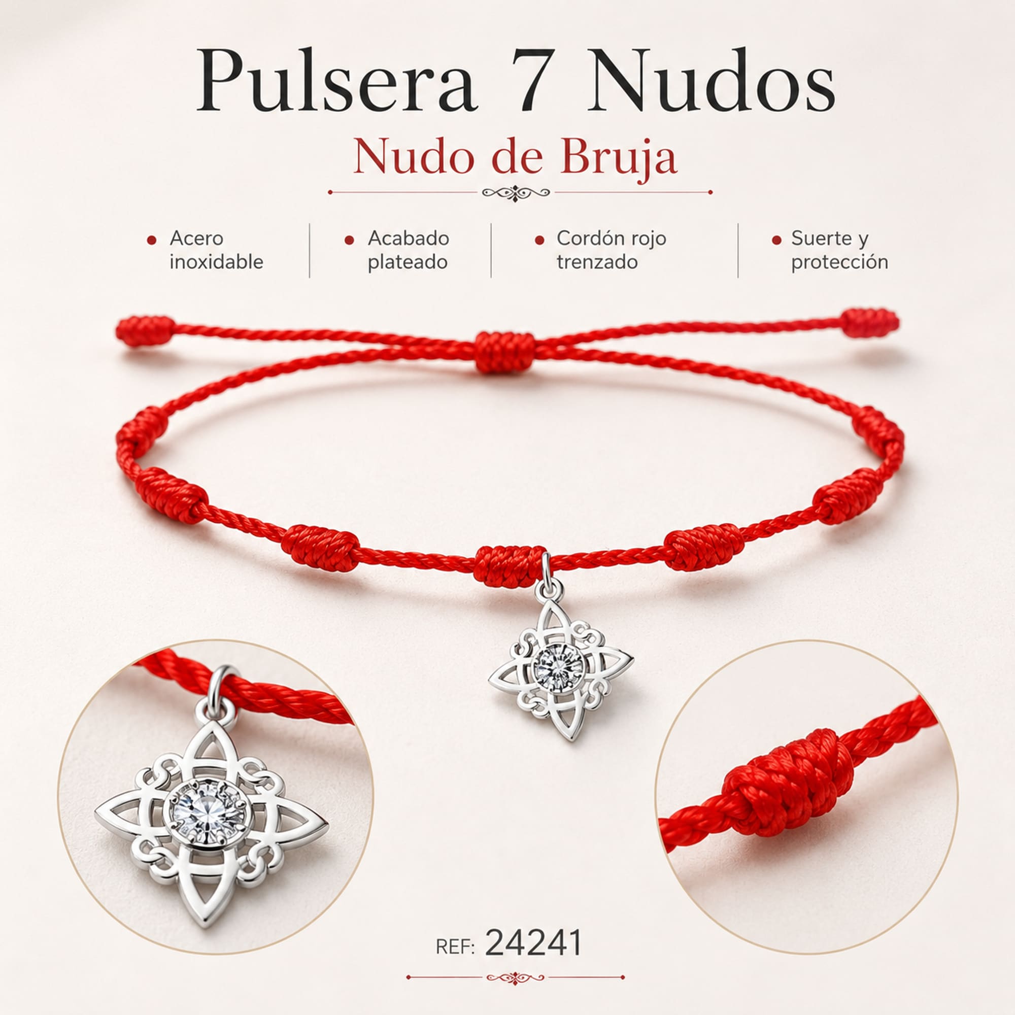 PULSERA 7 NUDOS CON NUDO DE BRUJA ACERO PLATEADO