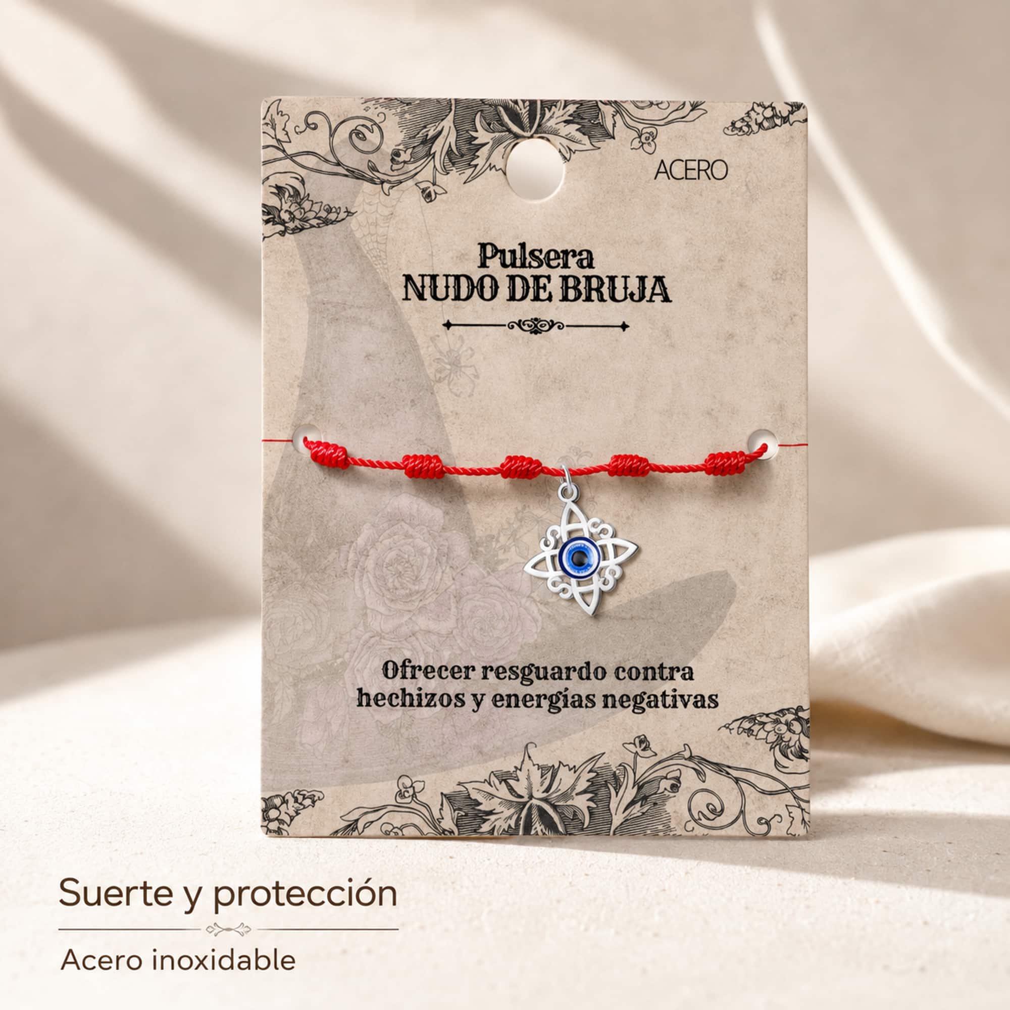 PULSERA 7 NUDOS CON NUDO DE BRUJA ACERO PLATEADO