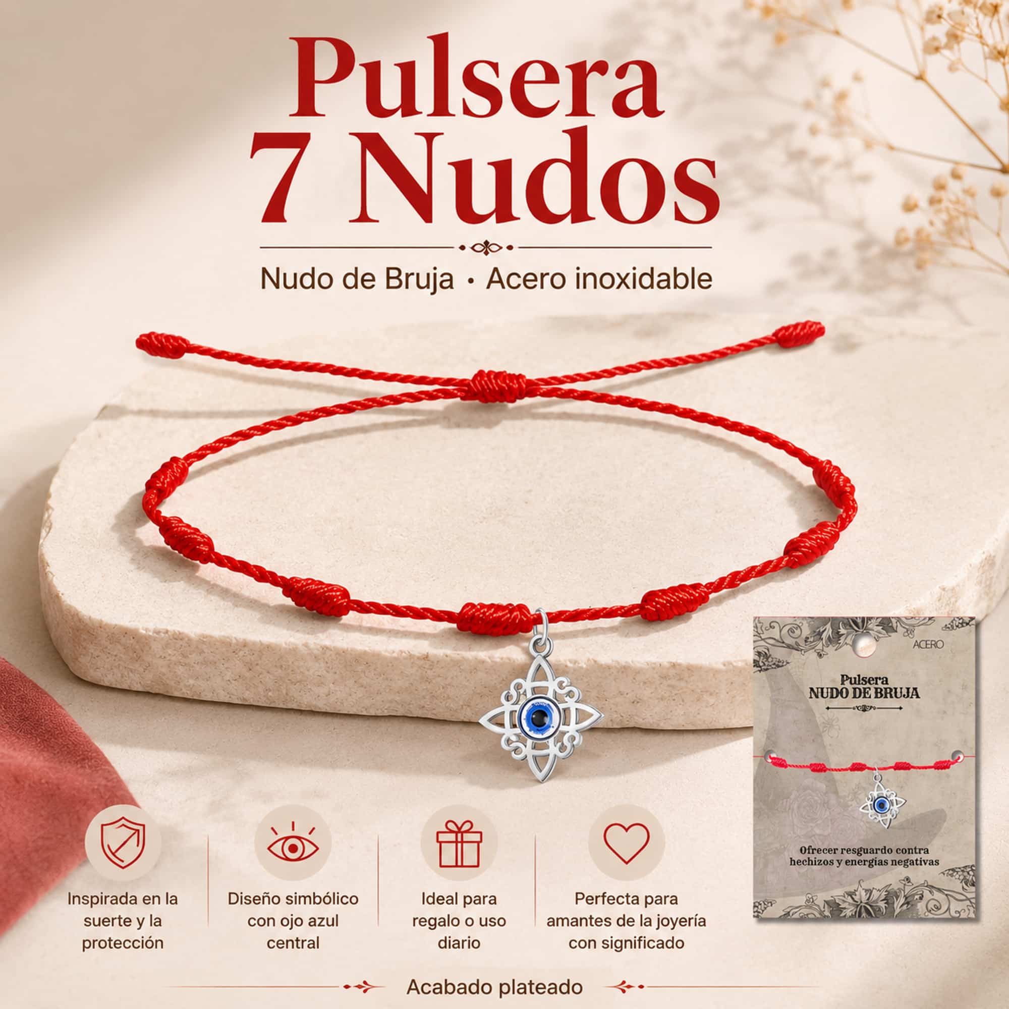 PULSERA 7 NUDOS CON NUDO DE BRUJA ACERO PLATEADO