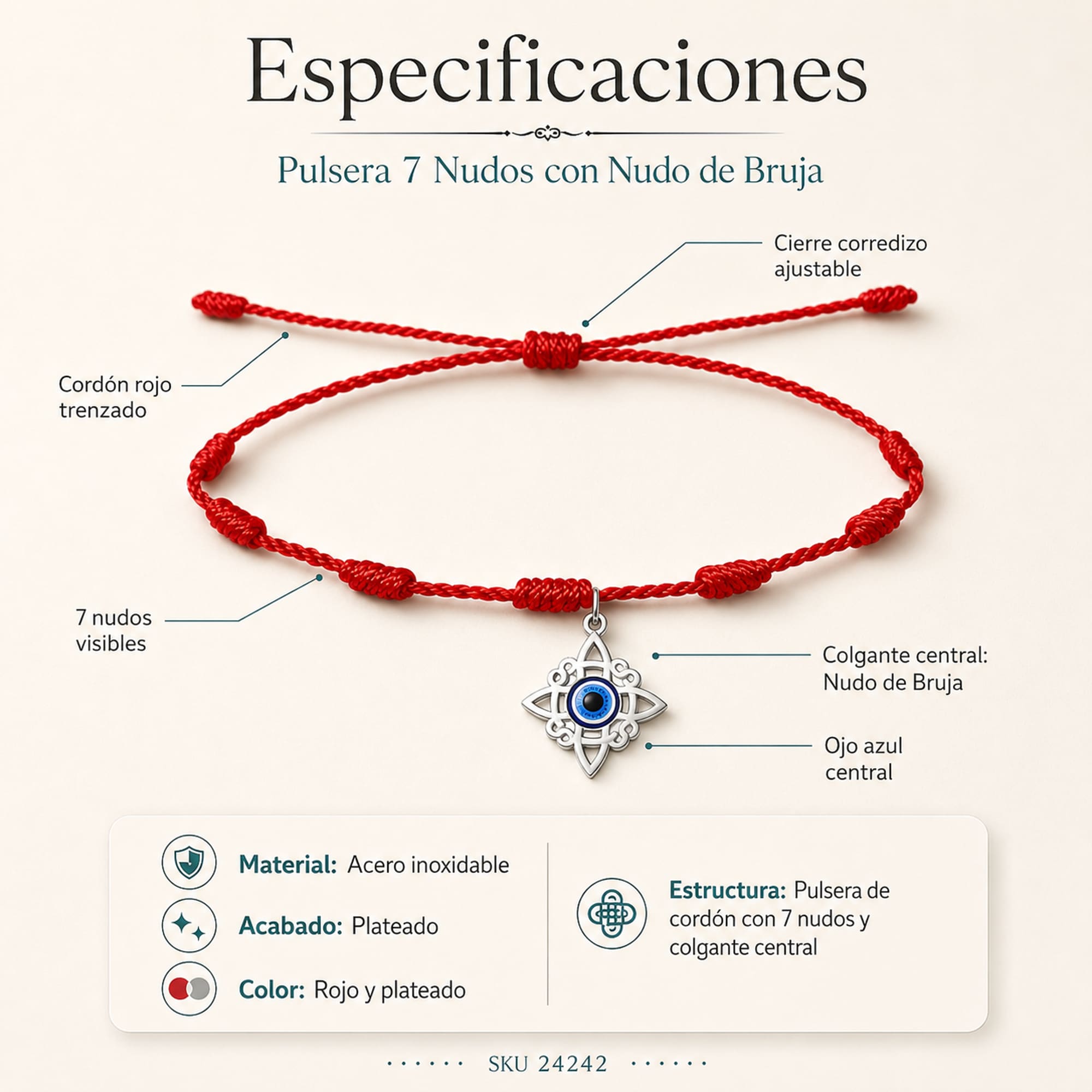 PULSERA 7 NUDOS CON NUDO DE BRUJA ACERO PLATEADO