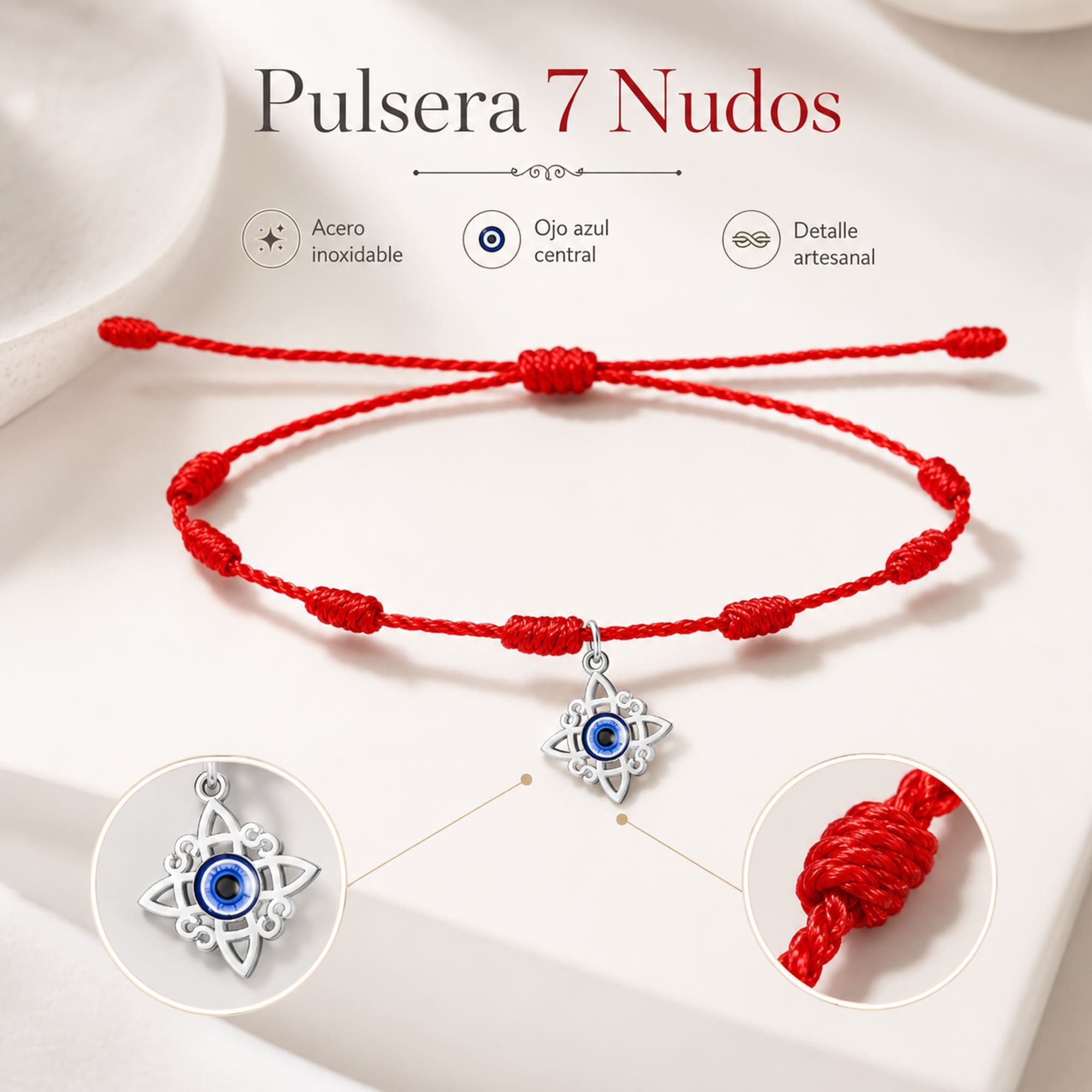 PULSERA 7 NUDOS CON NUDO DE BRUJA ACERO PLATEADO