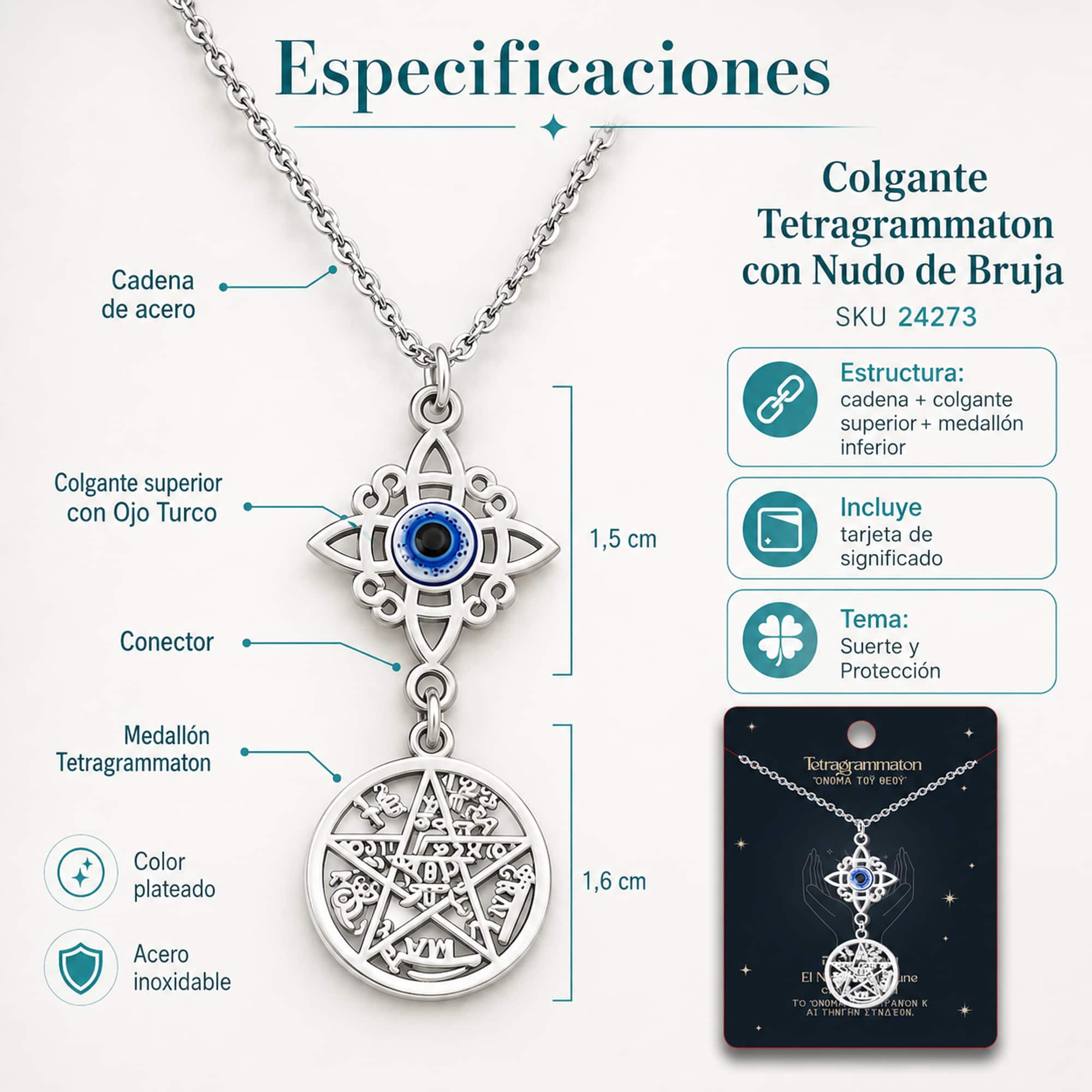 COLGANTE TETRAGRAMMATON CON NUDO DE BRUJA ACERO COLOR PLATEADO