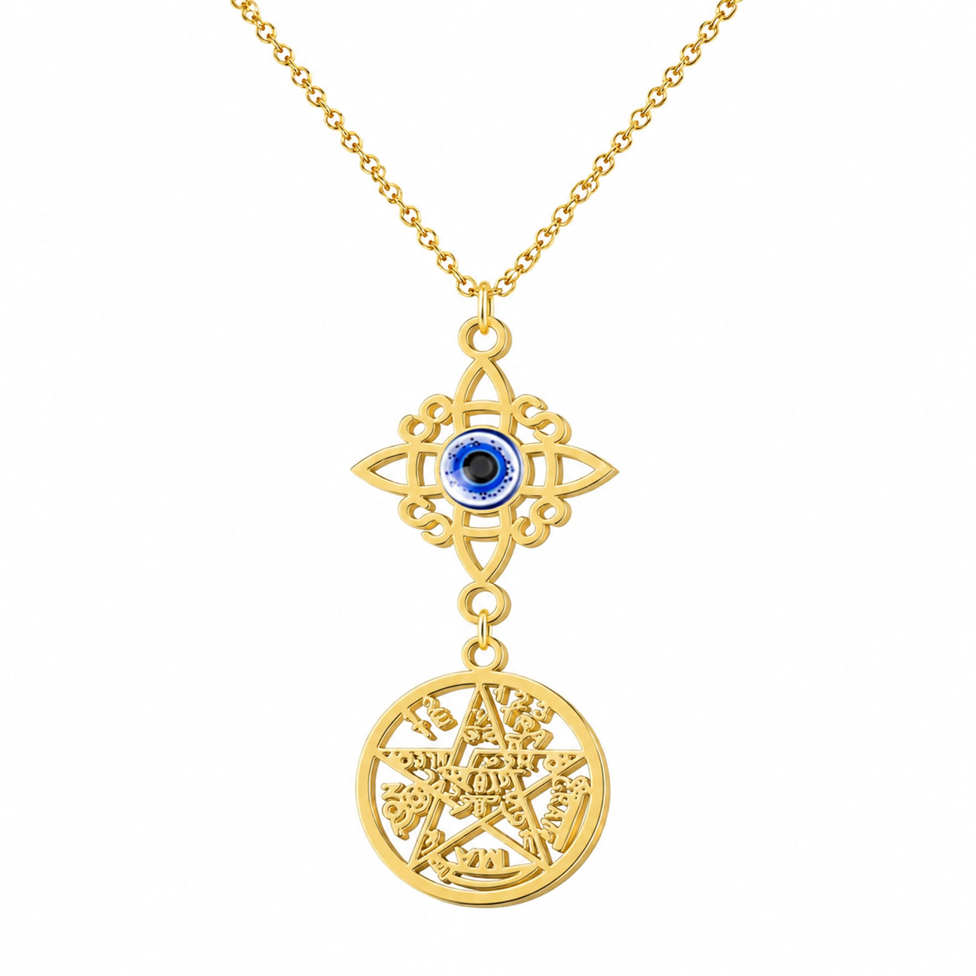 COLGANTE TETRAGRAMMATON CON NUDO DE BRUJA ACERO COLOR DORADO