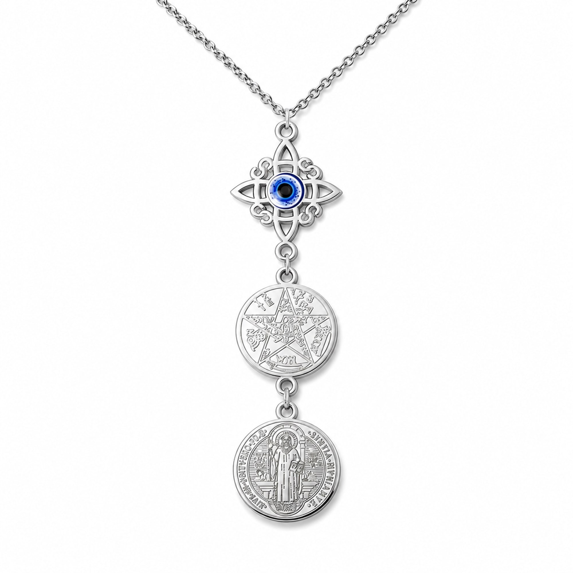 COLGANTE DE TETRAGRAMATON + NUDO DE BRUJA CON OJO TURCO + SAN BENITO ACERO PLATEADO