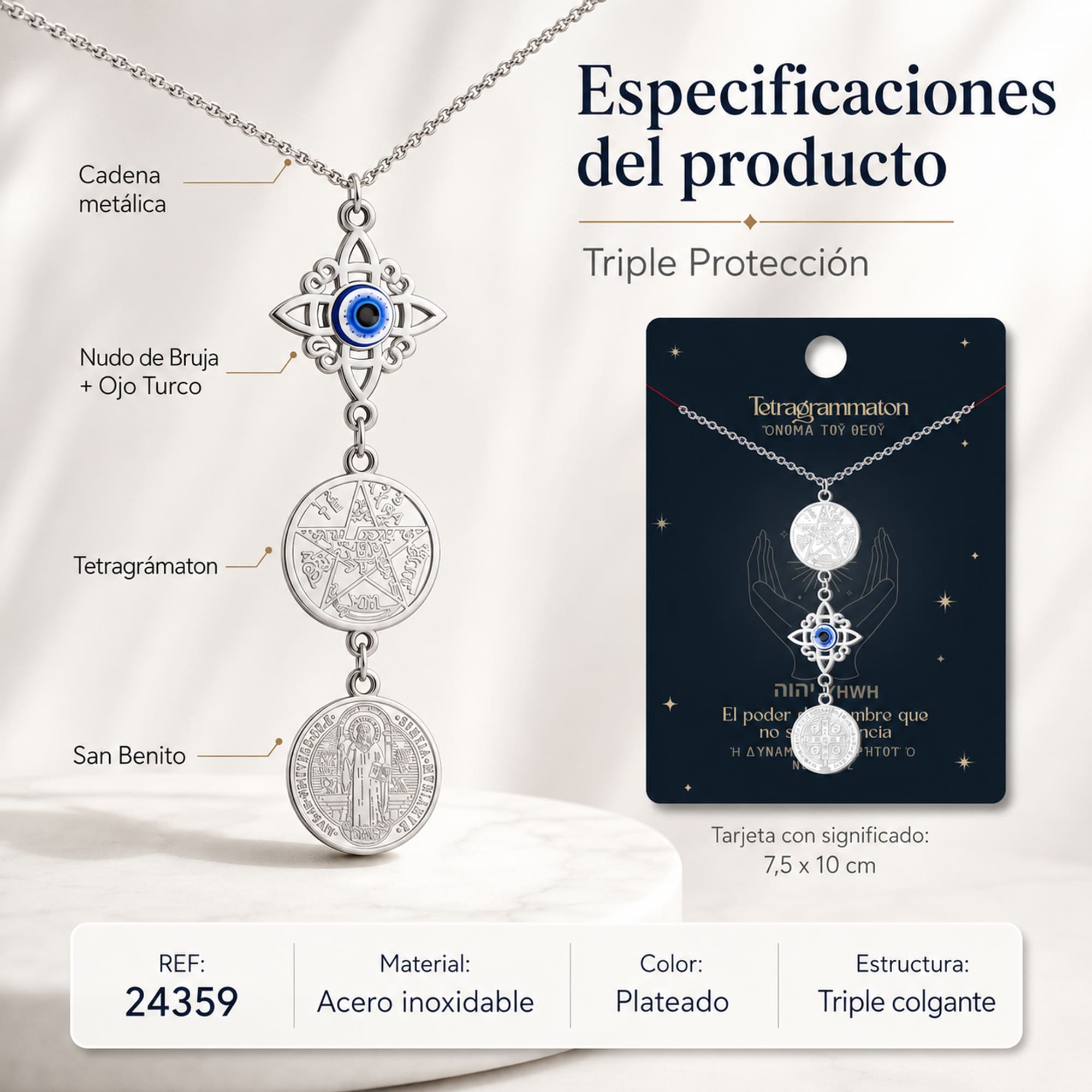 COLGANTE DE TETRAGRAMATON + NUDO DE BRUJA CON OJO TURCO + SAN BENITO ACERO PLATEADO