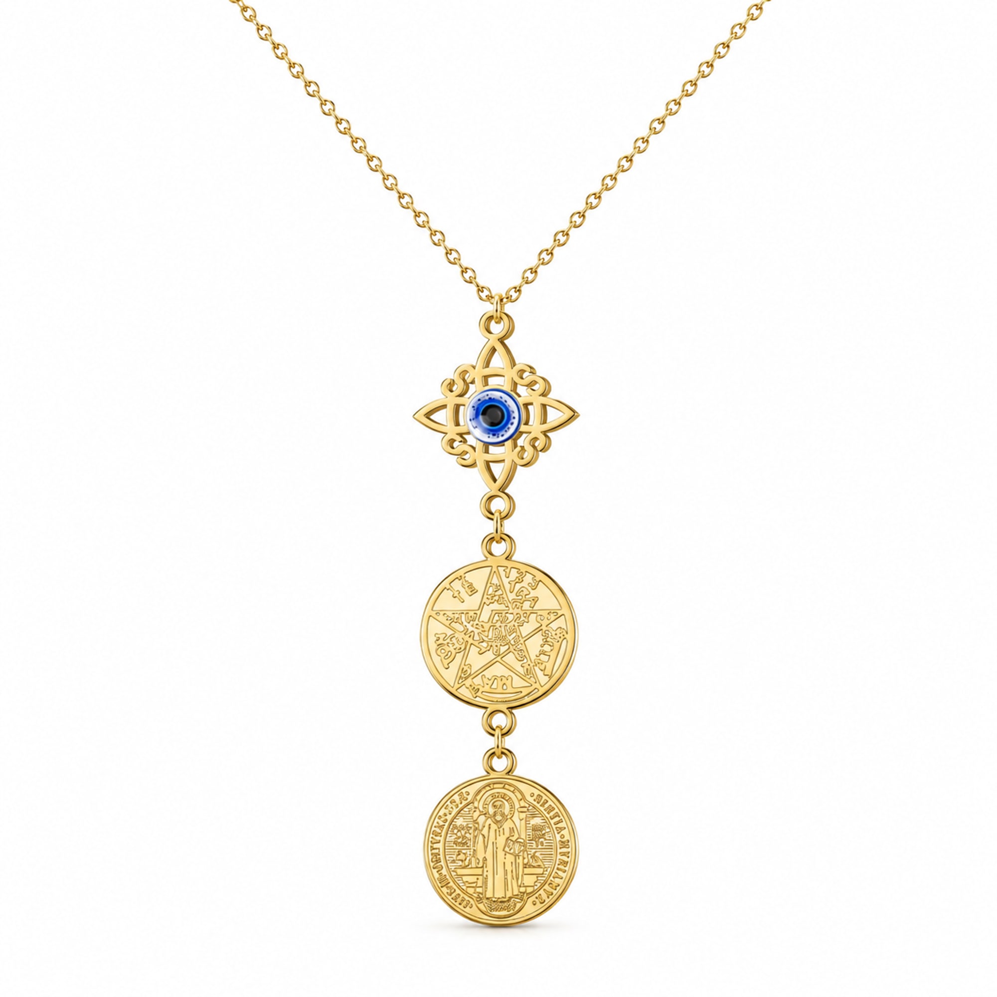 COLGANTE DE TETRAGRAMATON + NUDO DE BRUJA CON OJO TURCO + SAN BENITO ACERO DORADO