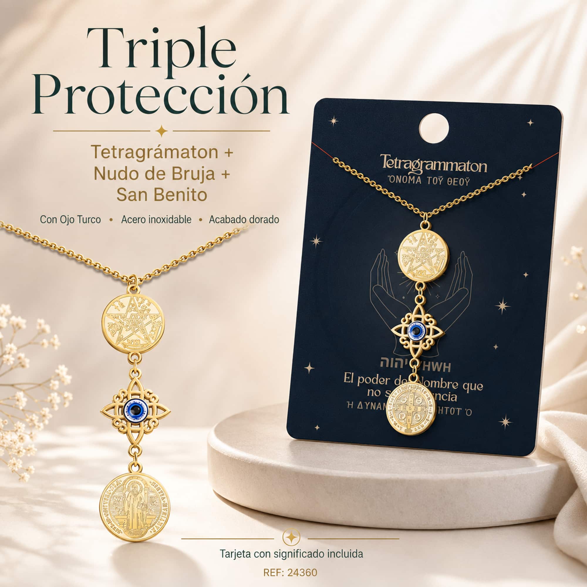 COLGANTE DE TETRAGRAMATON + NUDO DE BRUJA CON OJO TURCO + SAN BENITO ACERO DORADO