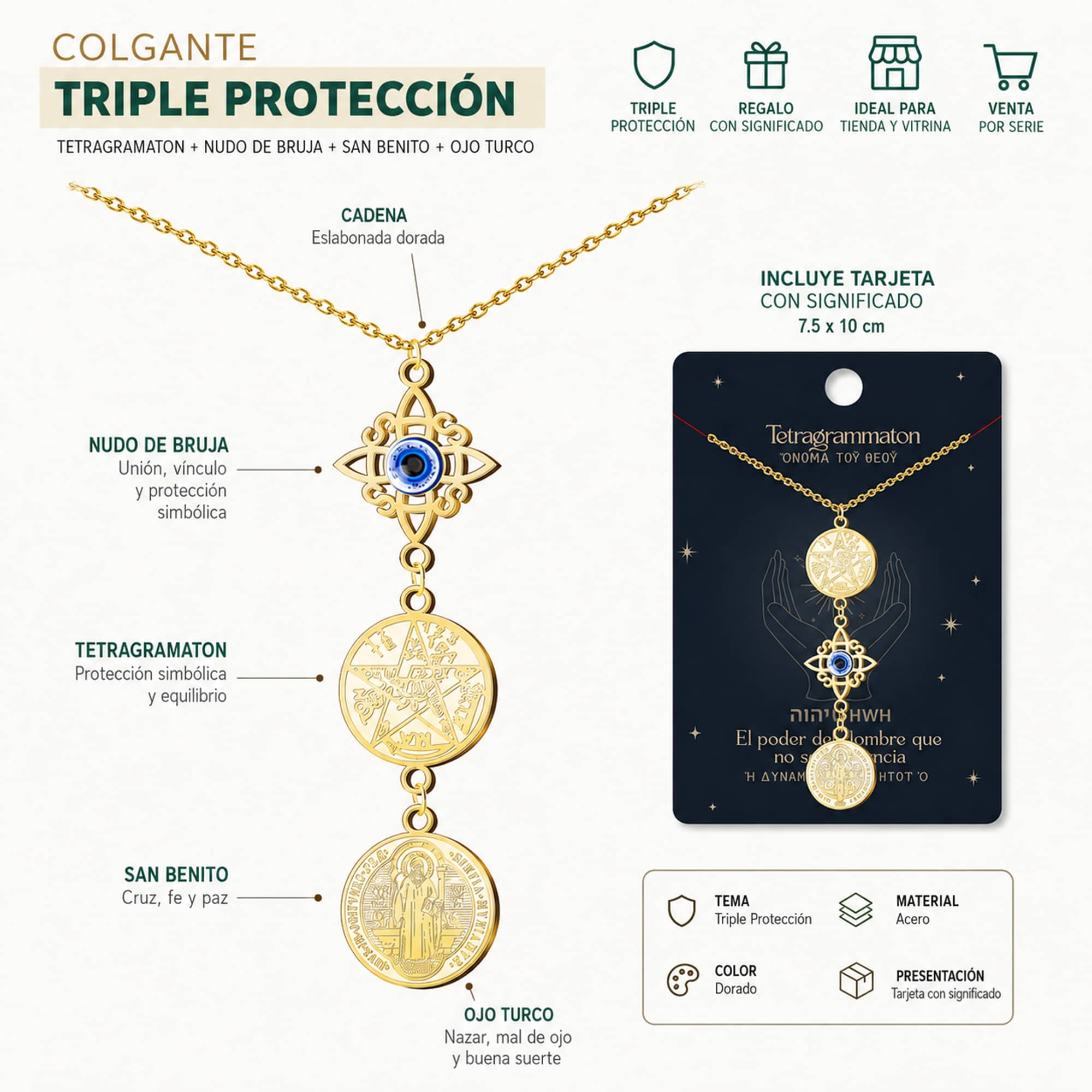 COLGANTE DE TETRAGRAMATON + NUDO DE BRUJA CON OJO TURCO + SAN BENITO ACERO DORADO