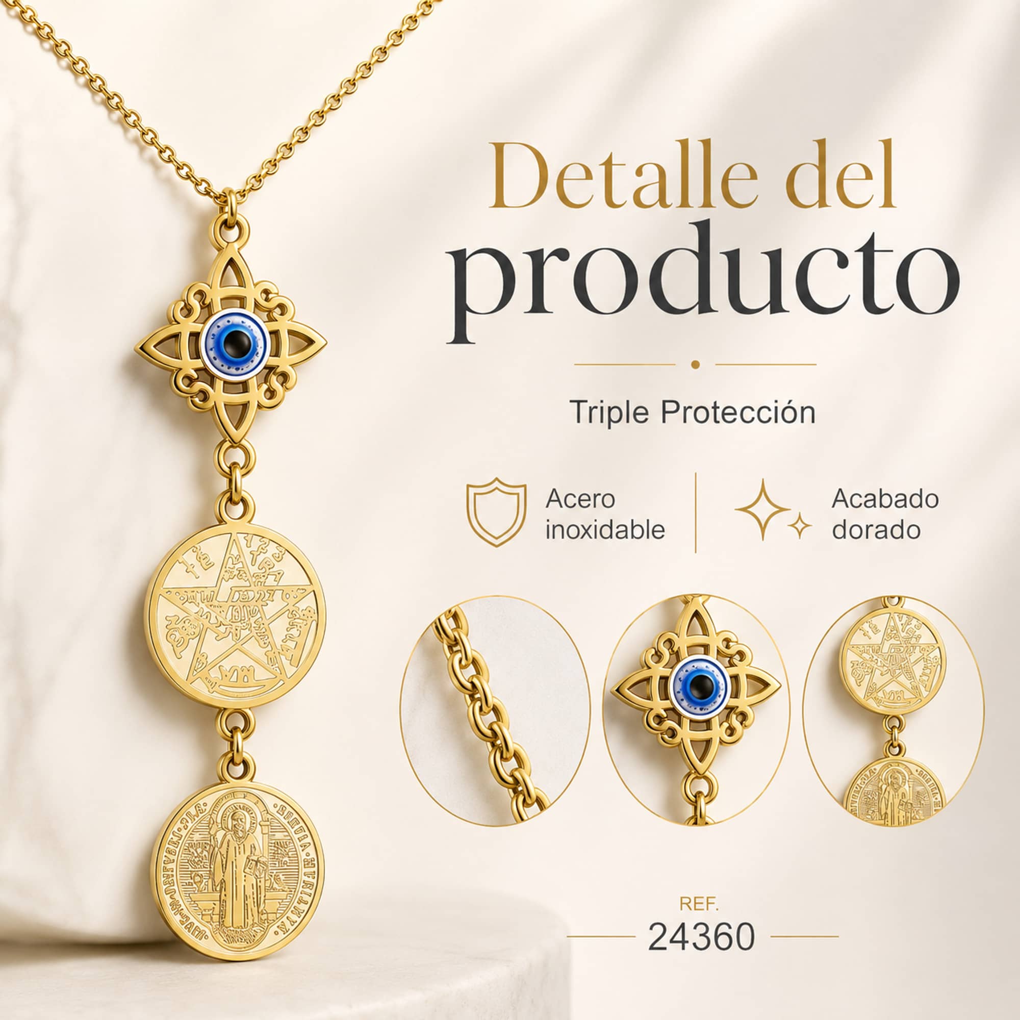 COLGANTE DE TETRAGRAMATON + NUDO DE BRUJA CON OJO TURCO + SAN BENITO ACERO DORADO