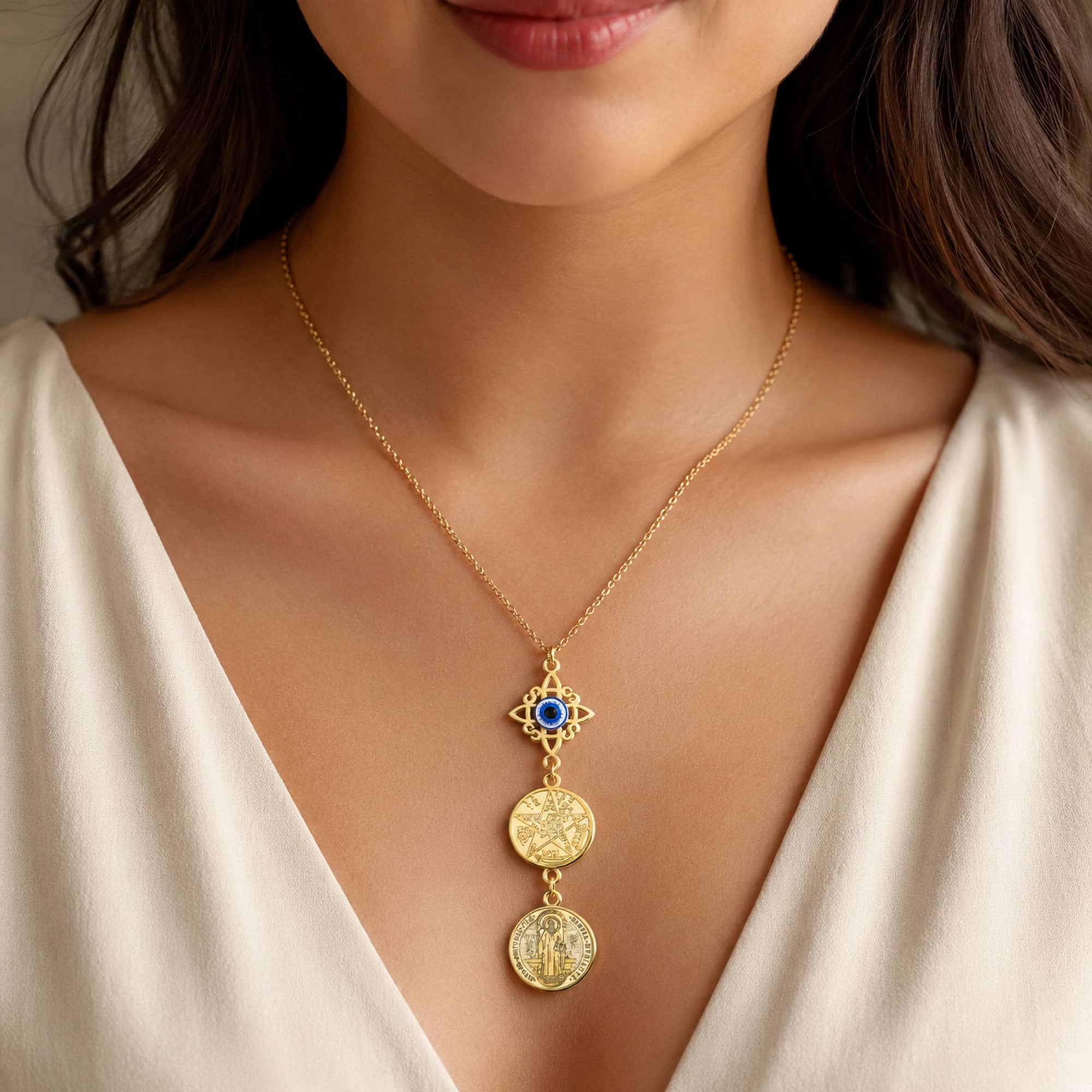COLGANTE DE TETRAGRAMATON + NUDO DE BRUJA CON OJO TURCO + SAN BENITO ACERO DORADO