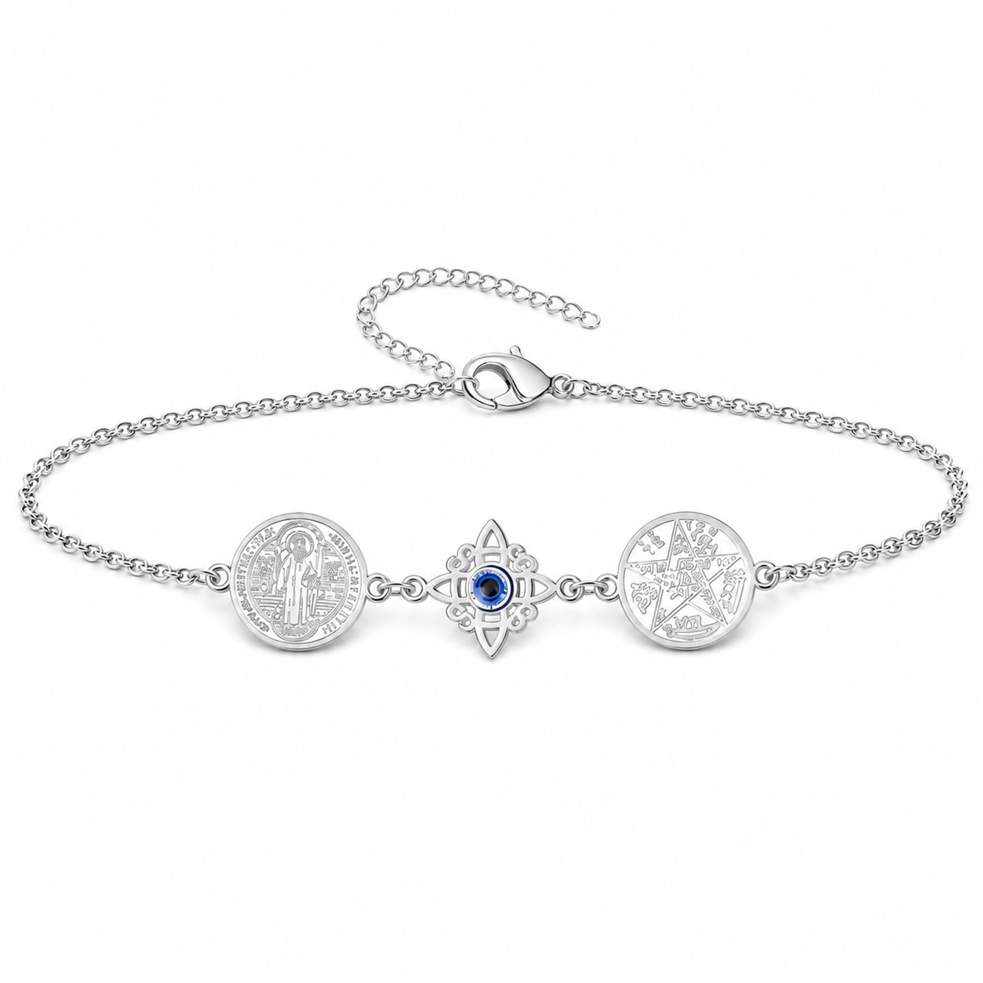 PULSERA DE TETRAGRAMATON + NUDO DE BRUJA CON OJO TURCO + SAN BENITO ACERO PLATEADO