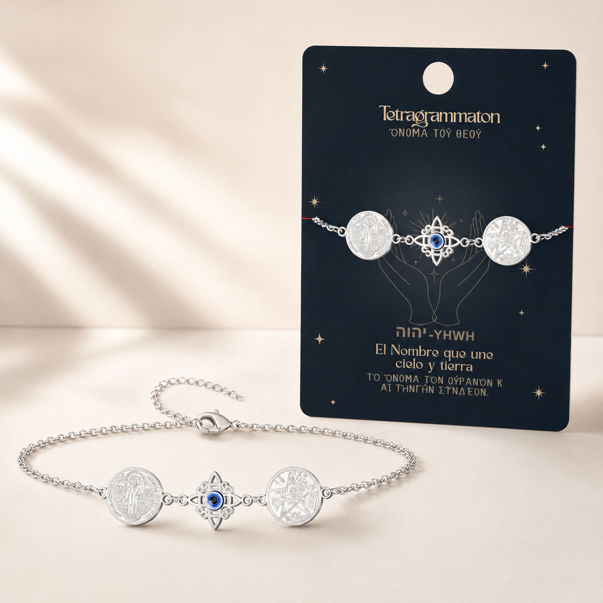 PULSERA DE TETRAGRAMATON + NUDO DE BRUJA CON OJO TURCO + SAN BENITO ACERO PLATEADO