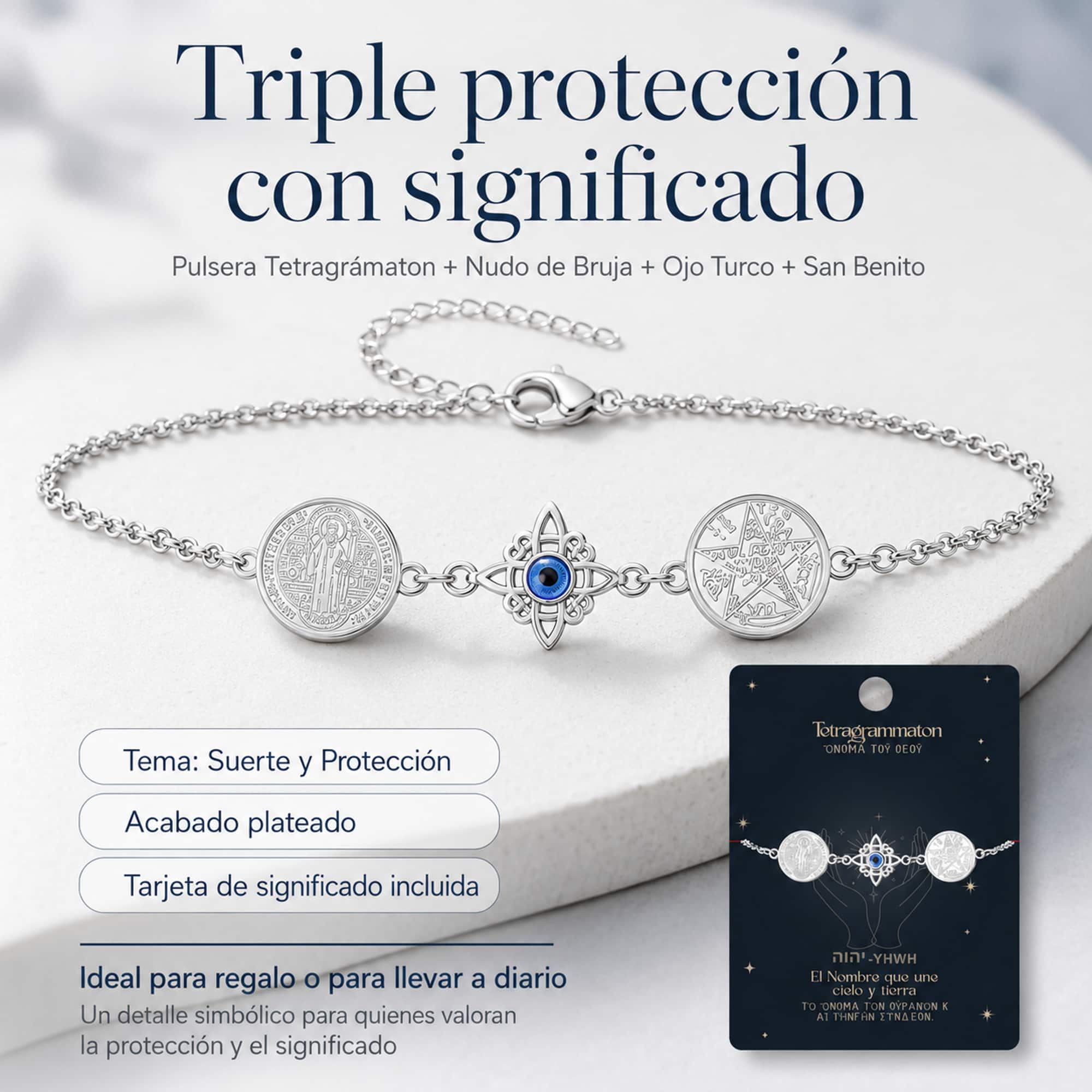 PULSERA DE TETRAGRAMATON + NUDO DE BRUJA CON OJO TURCO + SAN BENITO ACERO PLATEADO