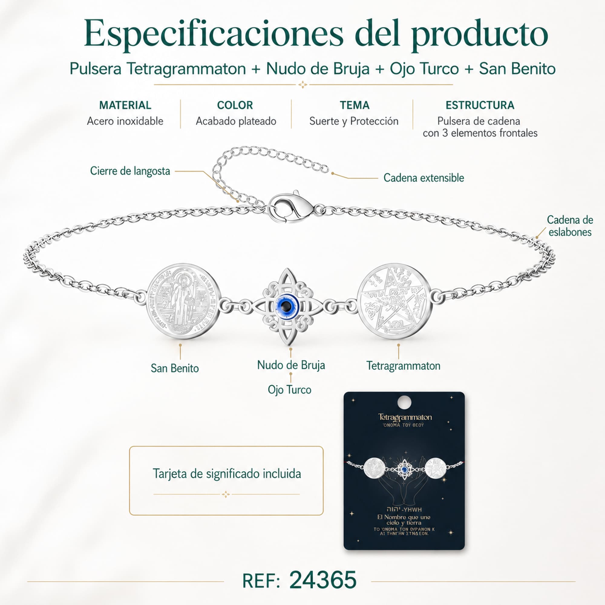 PULSERA DE TETRAGRAMATON + NUDO DE BRUJA CON OJO TURCO + SAN BENITO ACERO PLATEADO