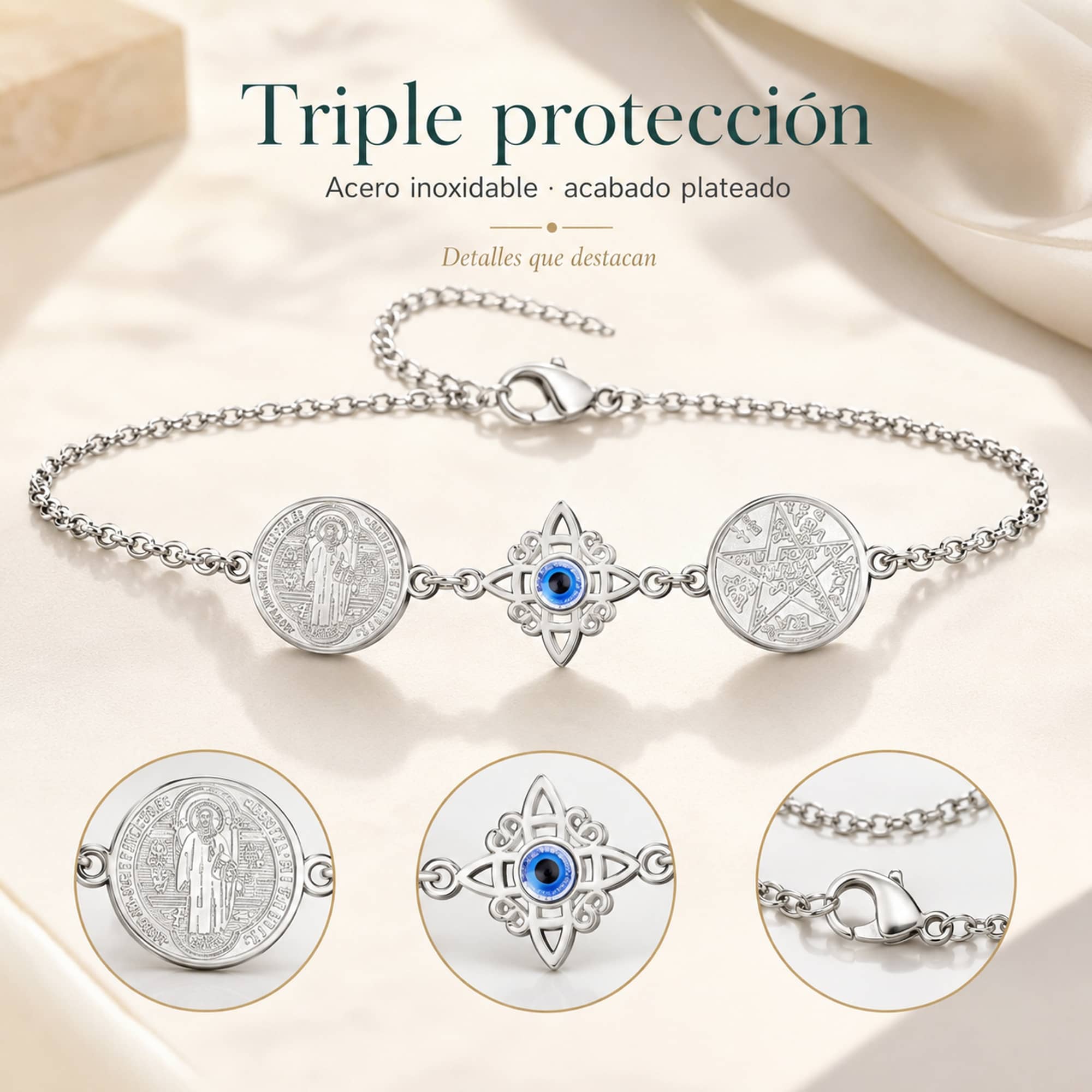 PULSERA DE TETRAGRAMATON + NUDO DE BRUJA CON OJO TURCO + SAN BENITO ACERO PLATEADO