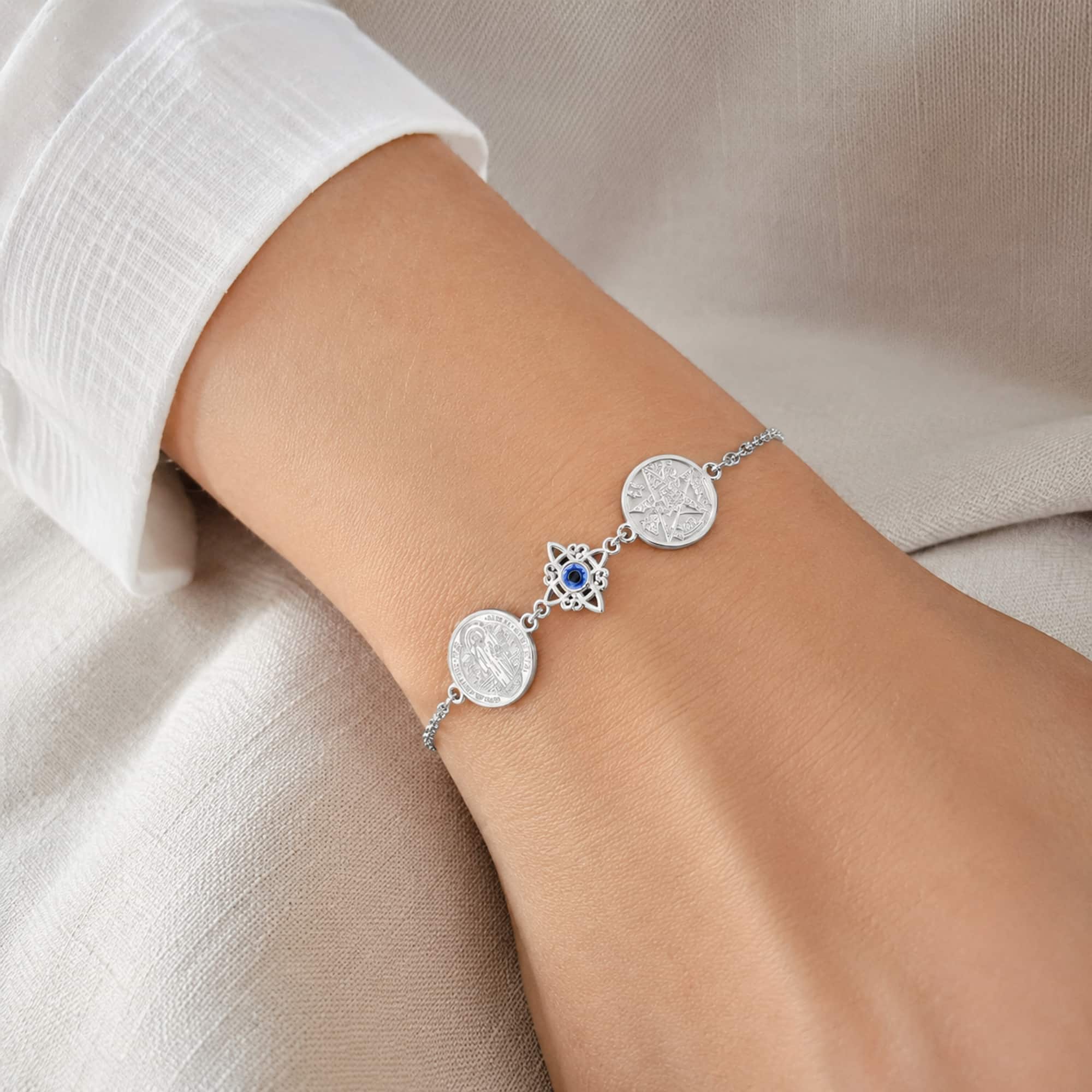 PULSERA DE TETRAGRAMATON + NUDO DE BRUJA CON OJO TURCO + SAN BENITO ACERO PLATEADO
