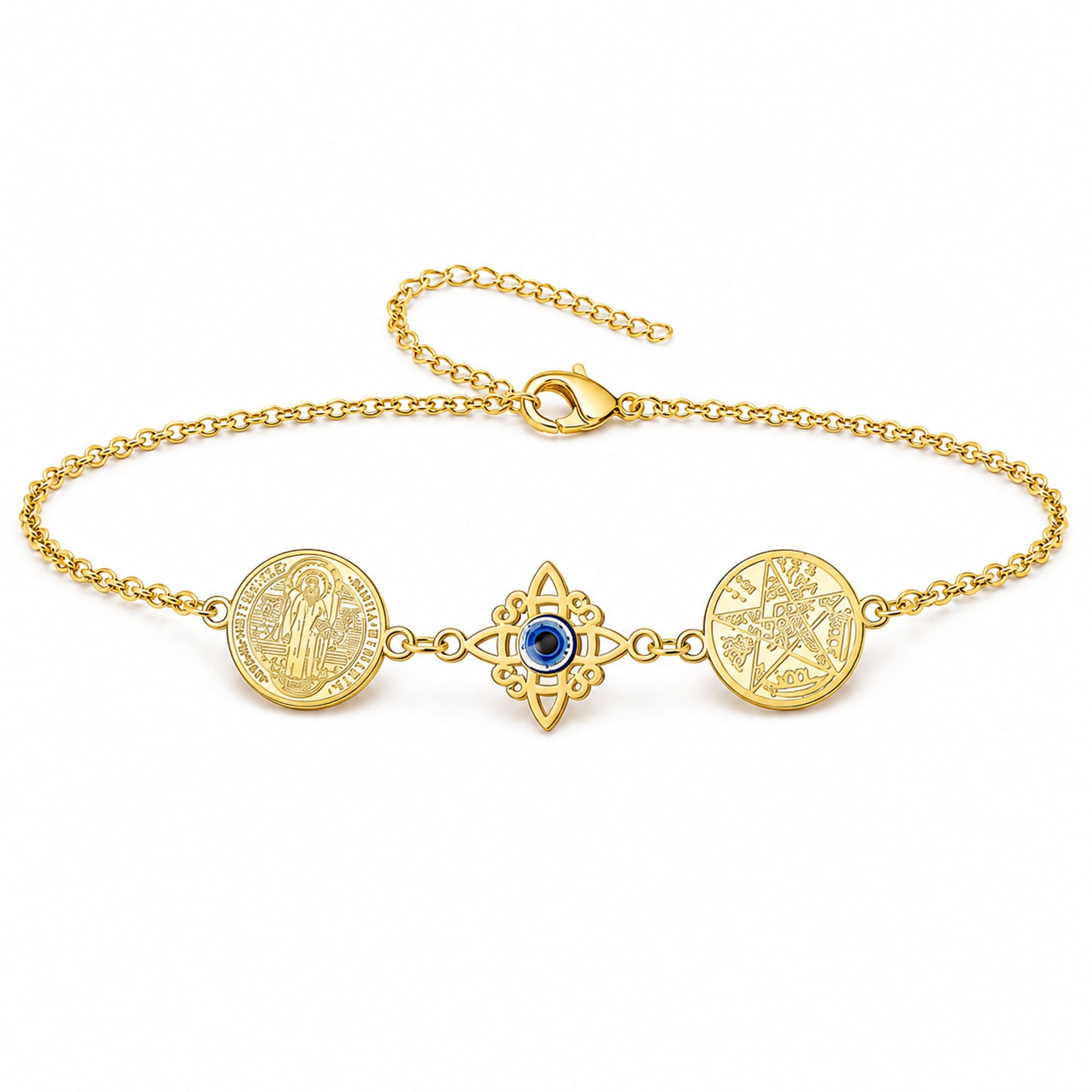 PULSERA DE TETRAGRAMATON + NUDO DE BRUJA CON OJO TURCO + SAN BENITO ACERO DORADO