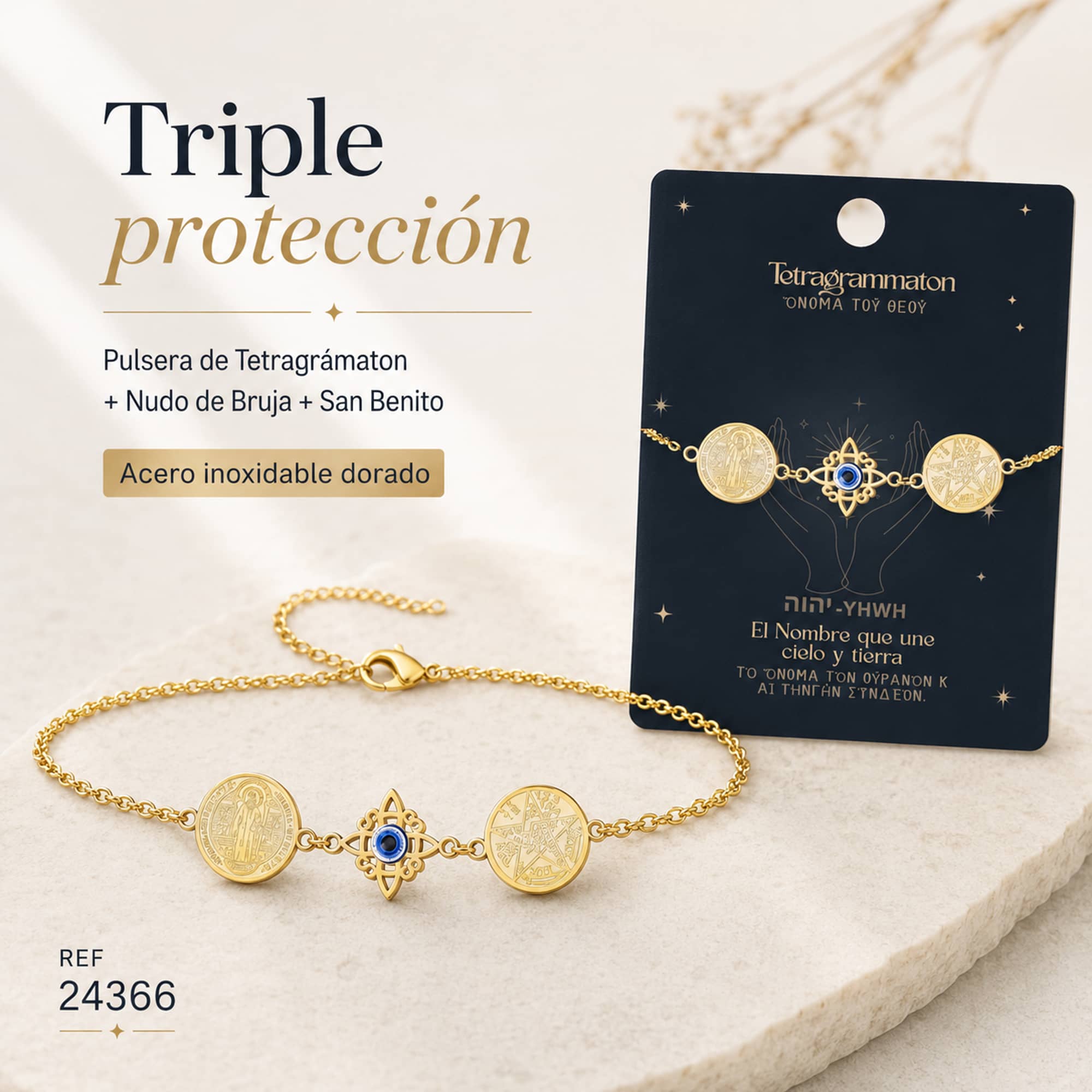 PULSERA DE TETRAGRAMATON + NUDO DE BRUJA CON OJO TURCO + SAN BENITO ACERO DORADO