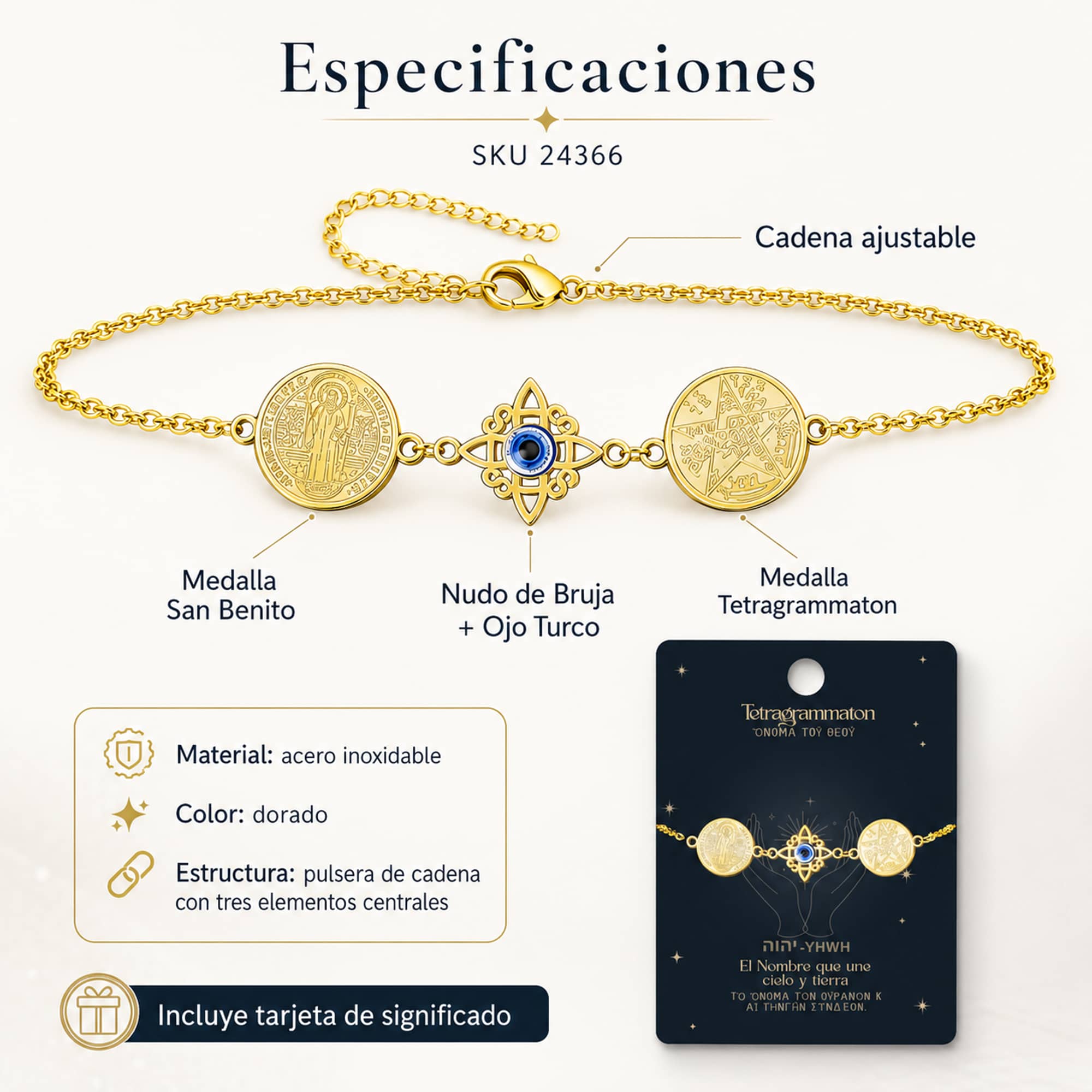 PULSERA DE TETRAGRAMATON + NUDO DE BRUJA CON OJO TURCO + SAN BENITO ACERO DORADO