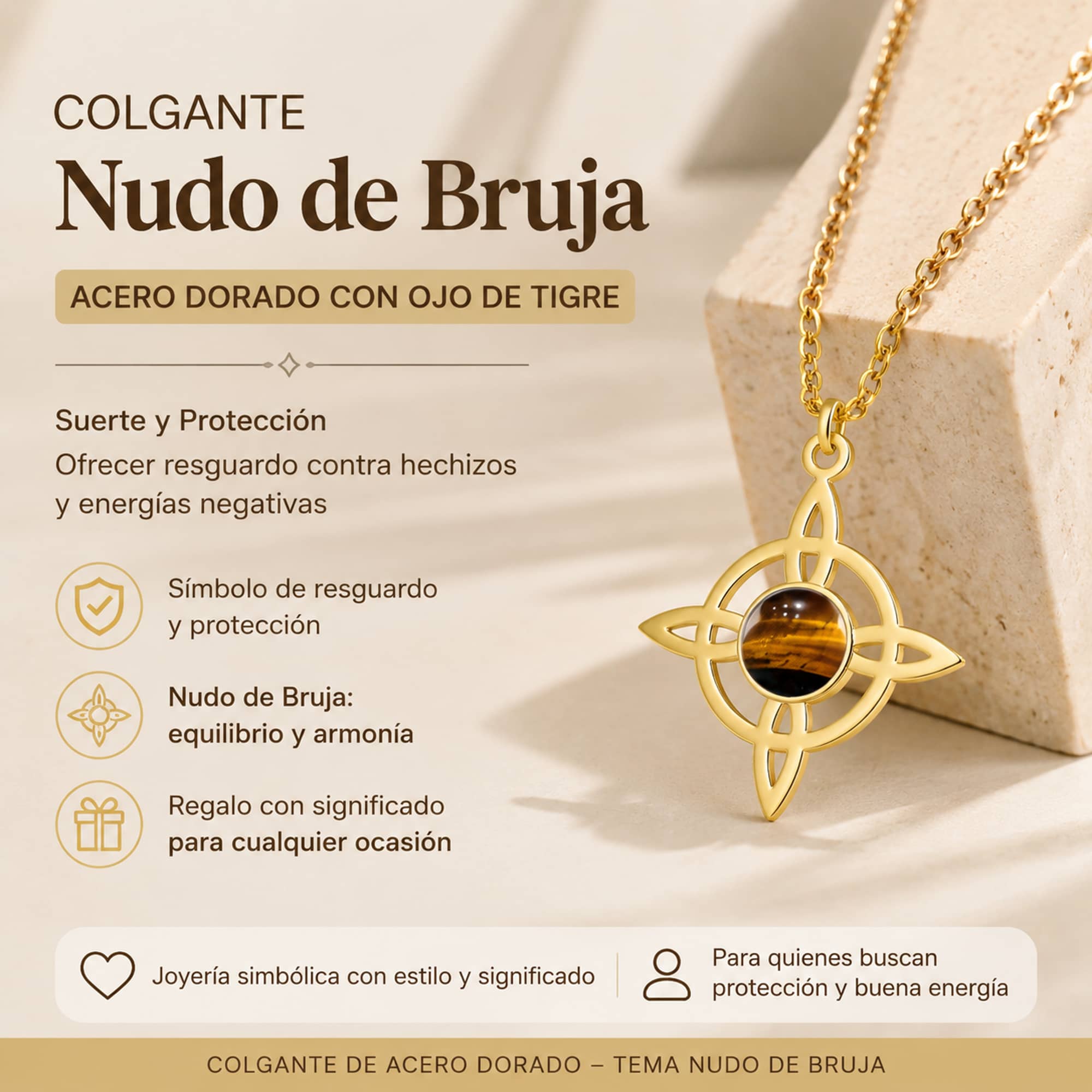 COLGANTE NUDO DE BRUJA ACERO DORADO CON OJO DE TIGRE