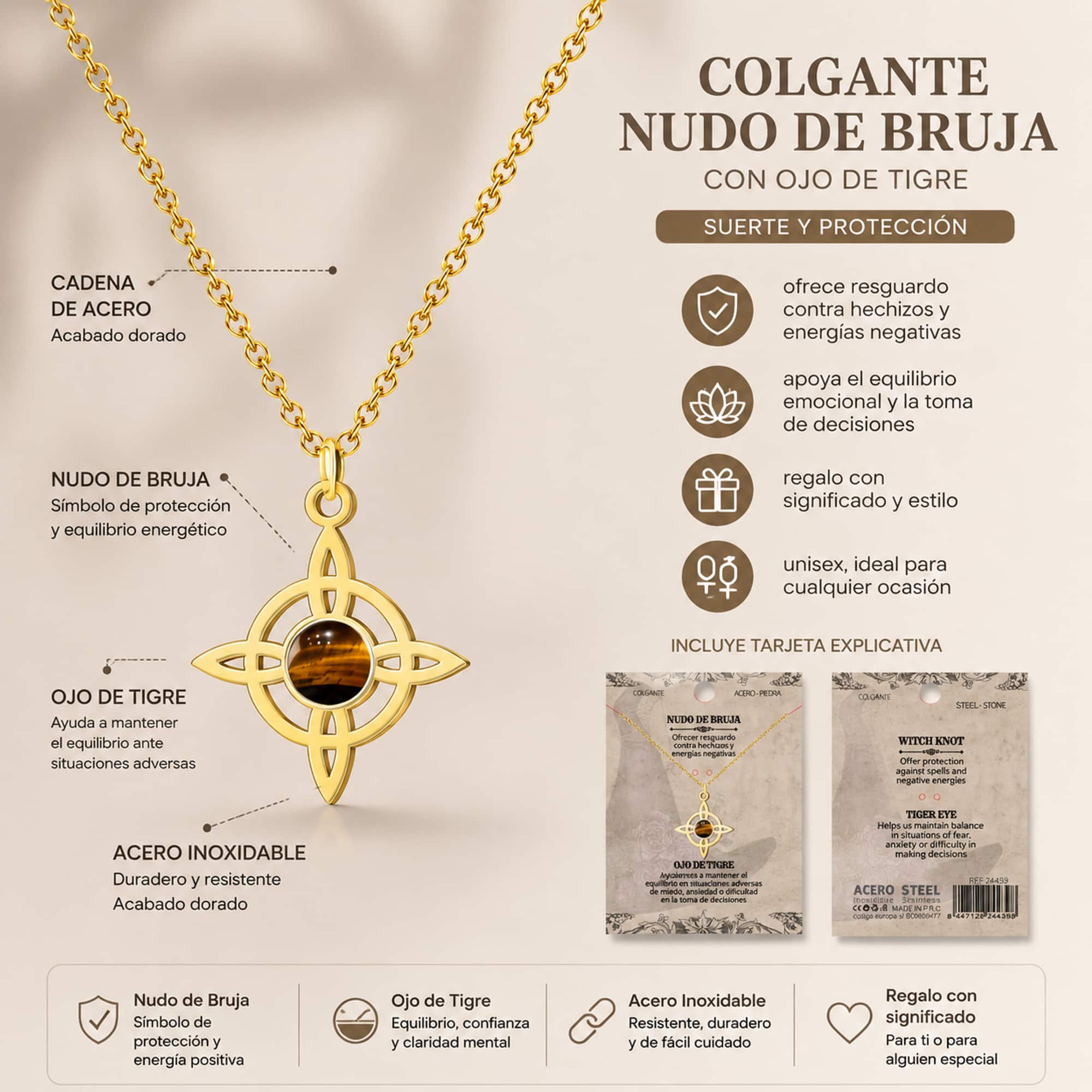 COLGANTE NUDO DE BRUJA ACERO DORADO CON OJO DE TIGRE