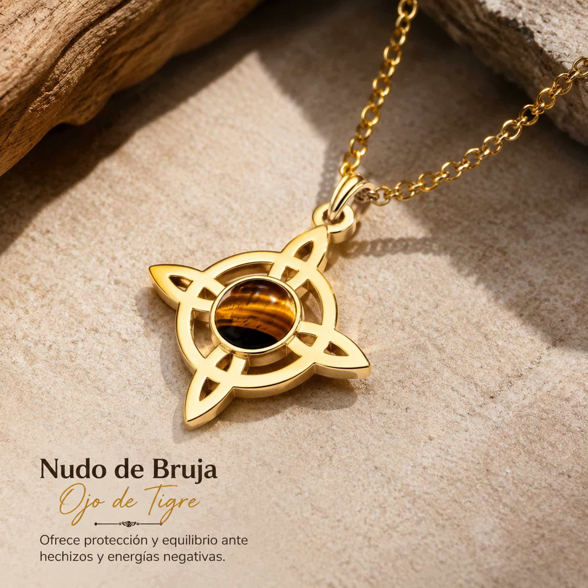 COLGANTE NUDO DE BRUJA ACERO DORADO CON OJO DE TIGRE
