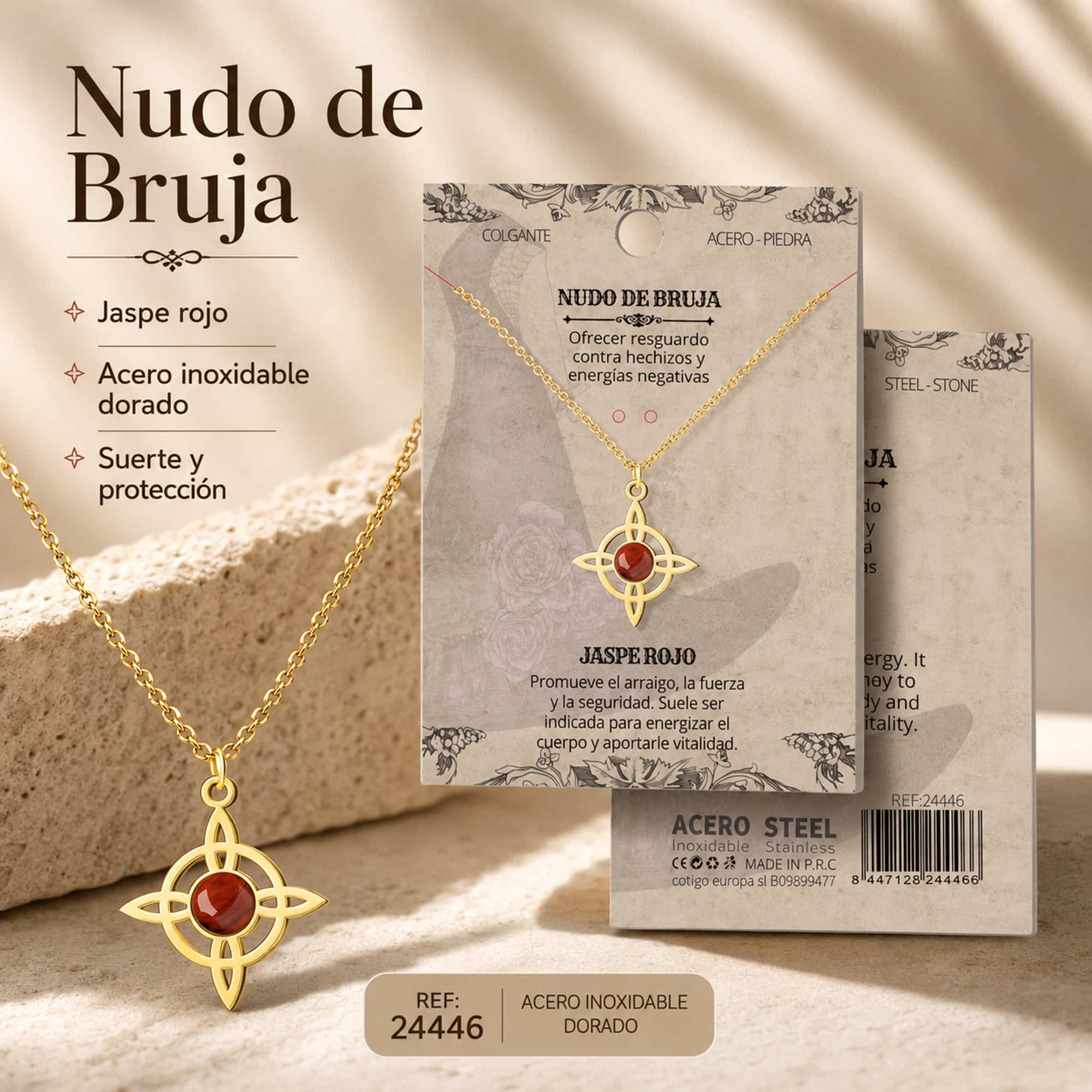 COLGANTE NUDO DE BRUJA ACERO DORADO CON JASPE ROJO