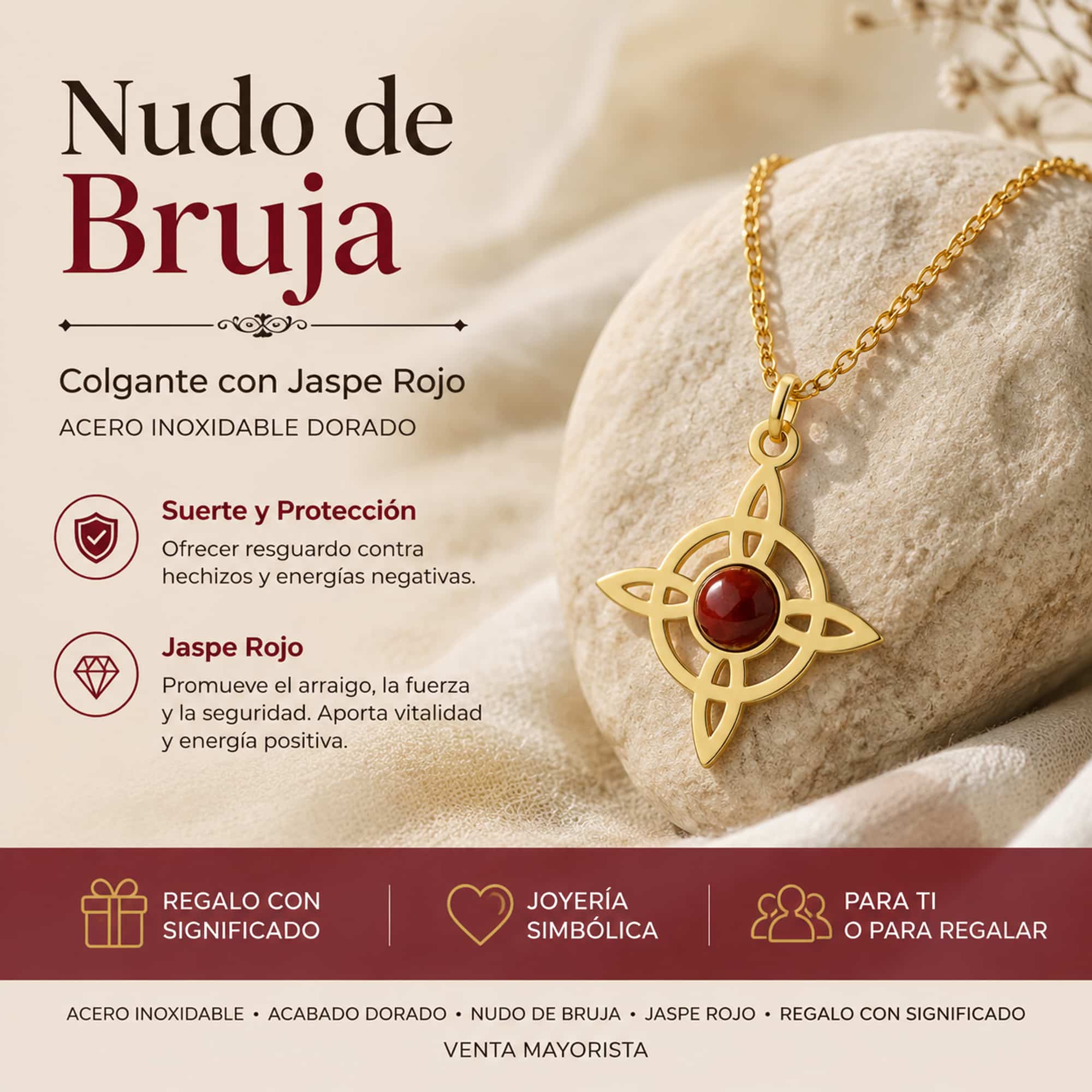 COLGANTE NUDO DE BRUJA ACERO DORADO CON JASPE ROJO