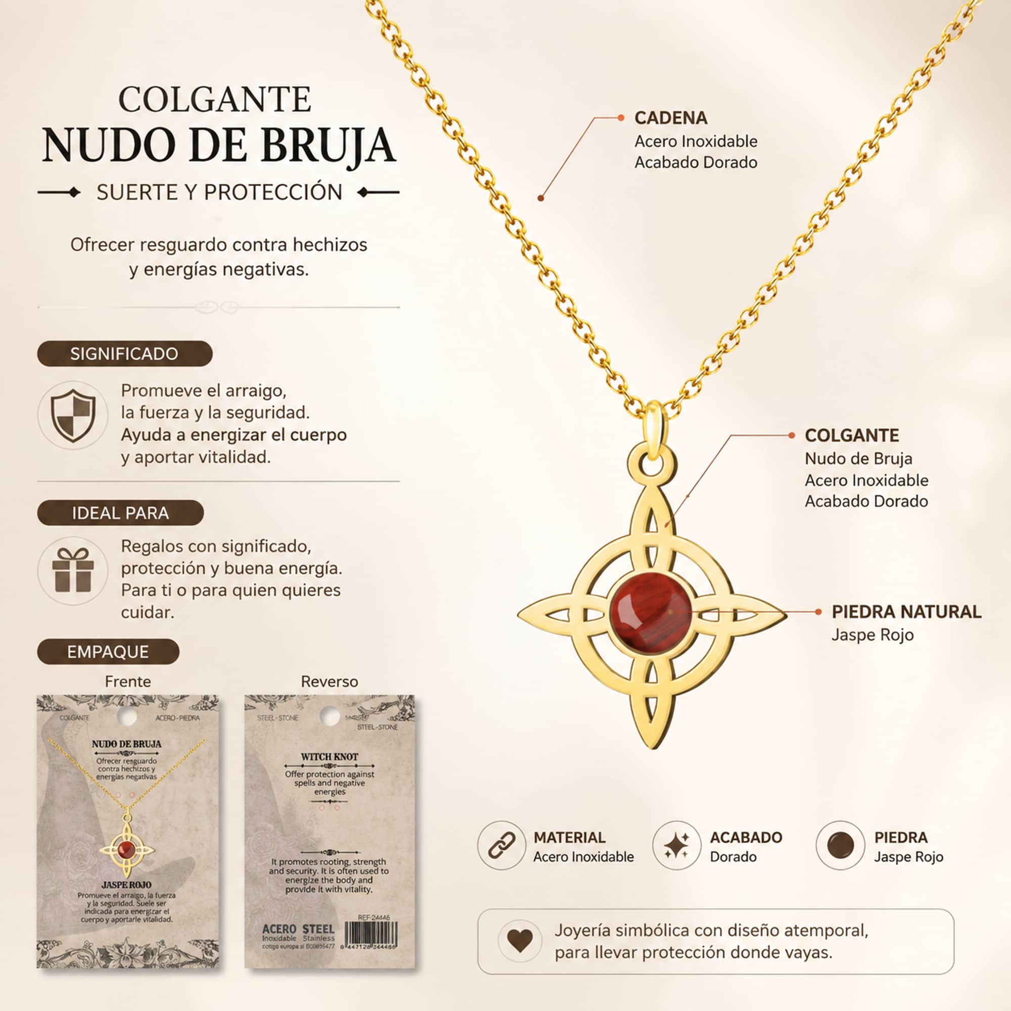COLGANTE NUDO DE BRUJA ACERO DORADO CON JASPE ROJO