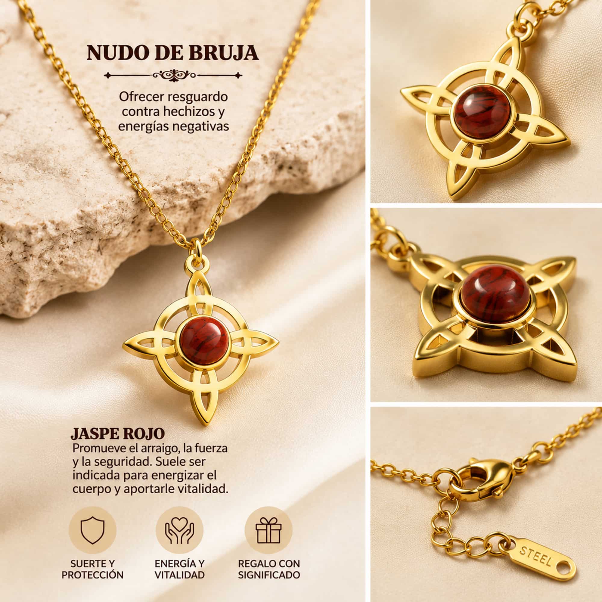 COLGANTE NUDO DE BRUJA ACERO DORADO CON JASPE ROJO