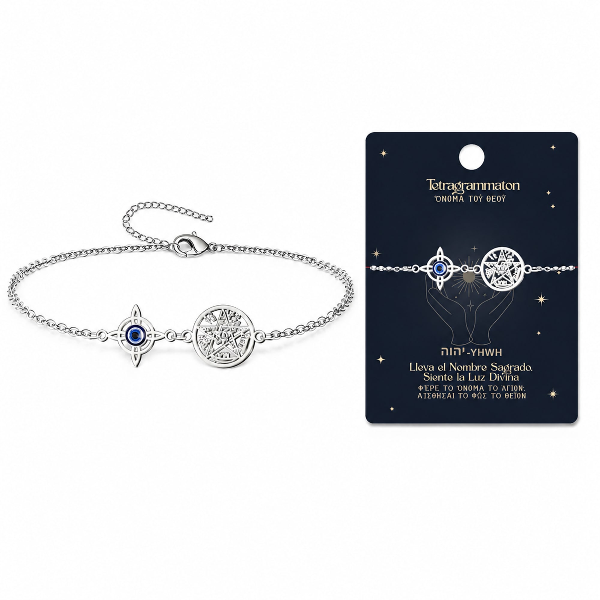 PULSERA TETRAGRAMATÓN CON NUDO DE BRUJA Y OJO DE TURCO ACERO INOXIDABLE COLOR PLATEADO