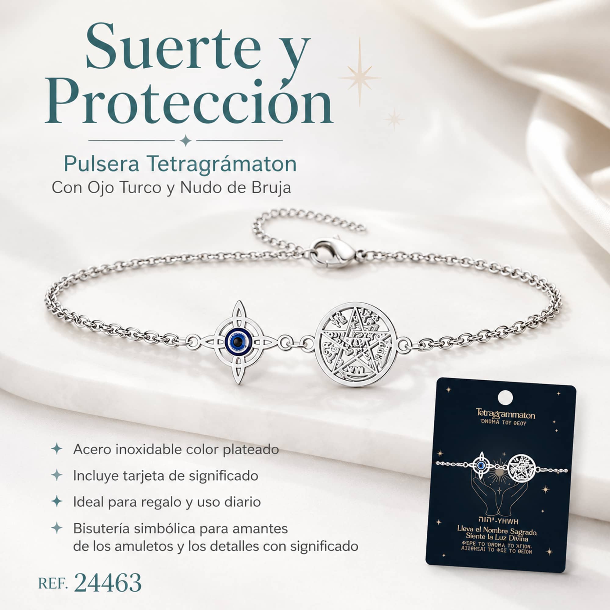 PULSERA TETRAGRAMATÓN CON NUDO DE BRUJA Y OJO DE TURCO ACERO INOXIDABLE COLOR PLATEADO