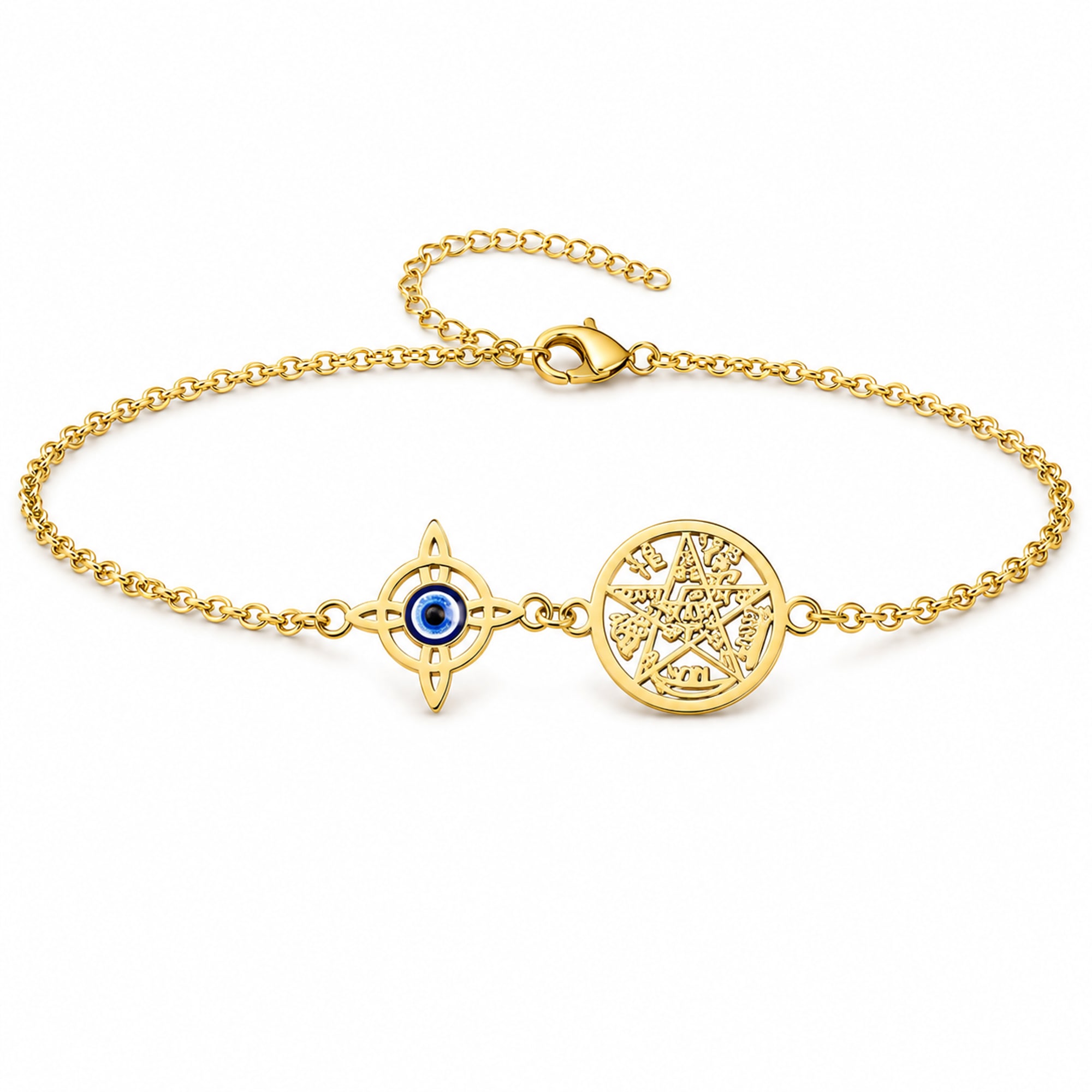 PULSERA TETRAGRAMATÓN CON NUDO DE BRUJA Y OJO DE TURCO ACERO INOXIDABLE COLOR DORADO