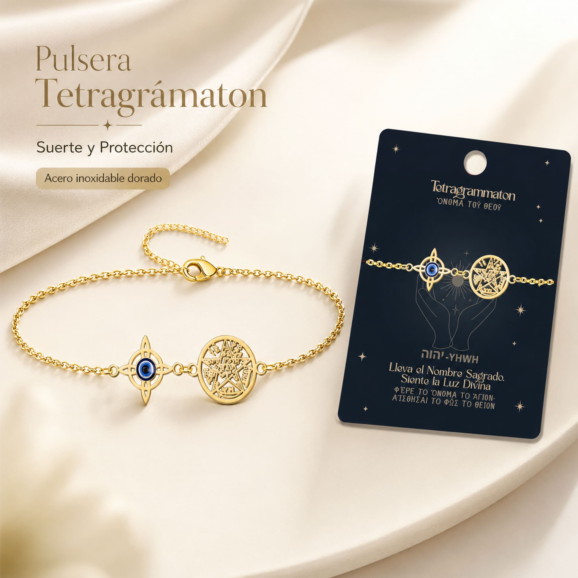 PULSERA TETRAGRAMATÓN CON NUDO DE BRUJA Y OJO DE TURCO ACERO INOXIDABLE COLOR DORADO