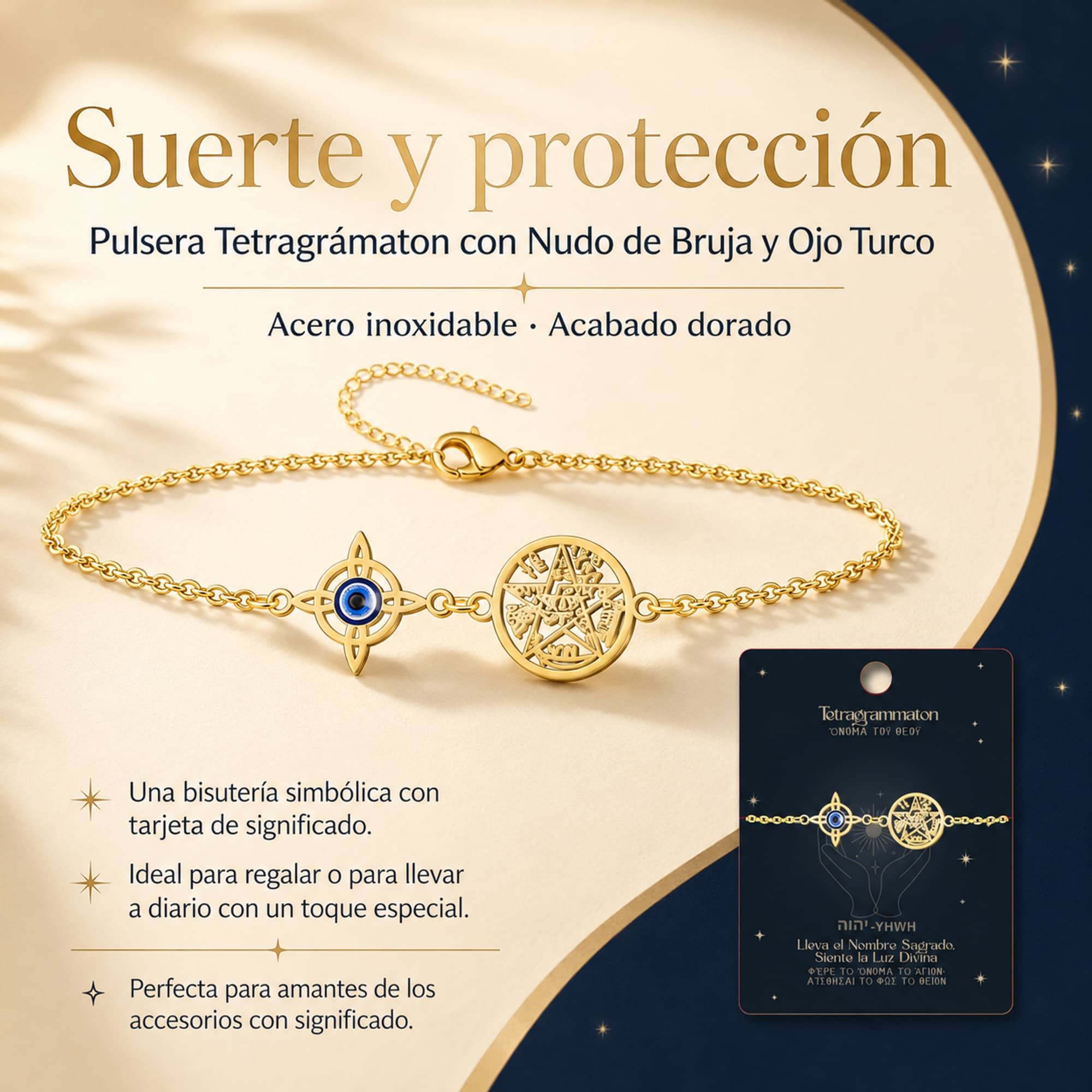 PULSERA TETRAGRAMATÓN CON NUDO DE BRUJA Y OJO DE TURCO ACERO INOXIDABLE COLOR DORADO
