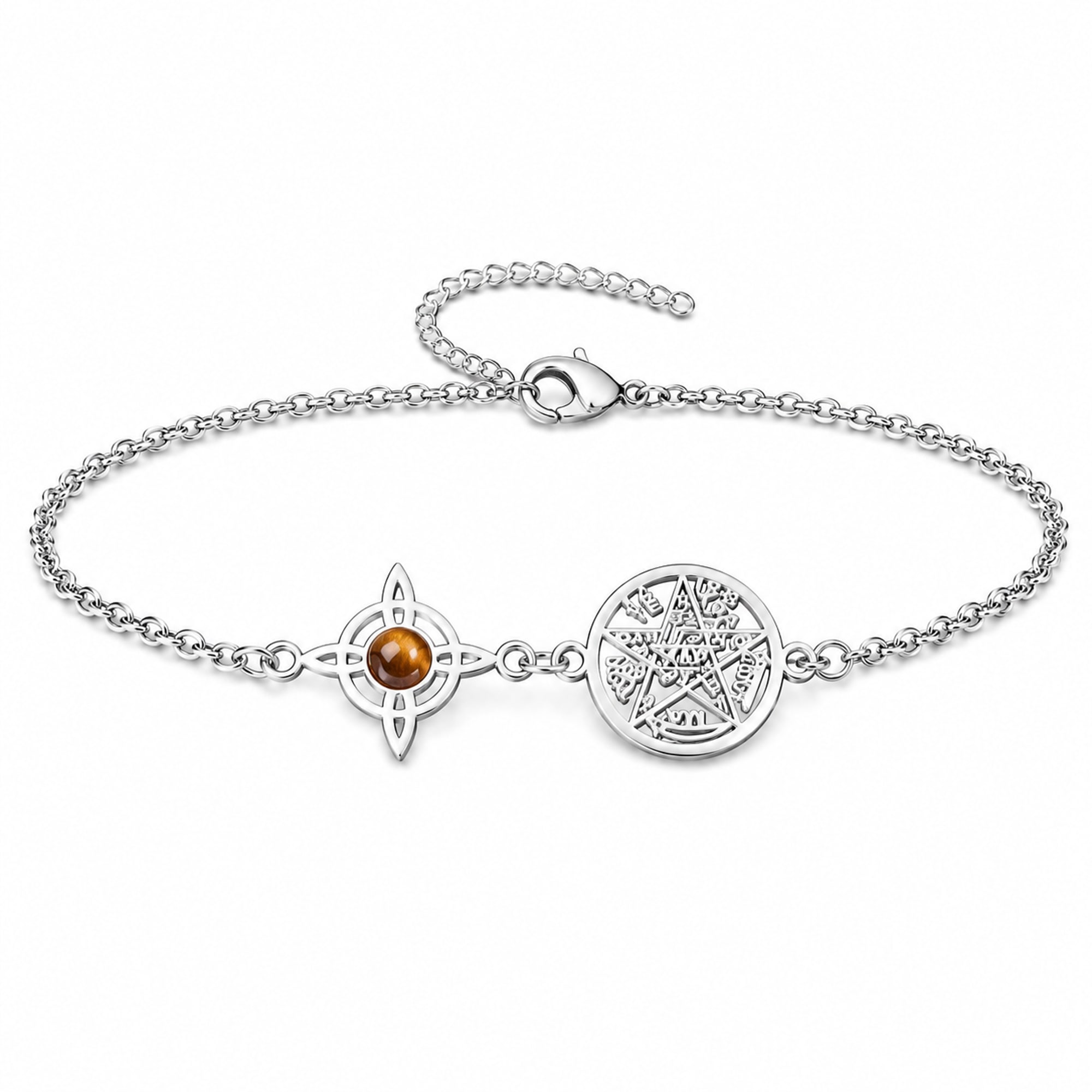 PULSERA TETRAGRAMATÓN CON NUDO DE BRUJA ACERO INOXIDABLE Y PIEDRA OJO DE TIGRE