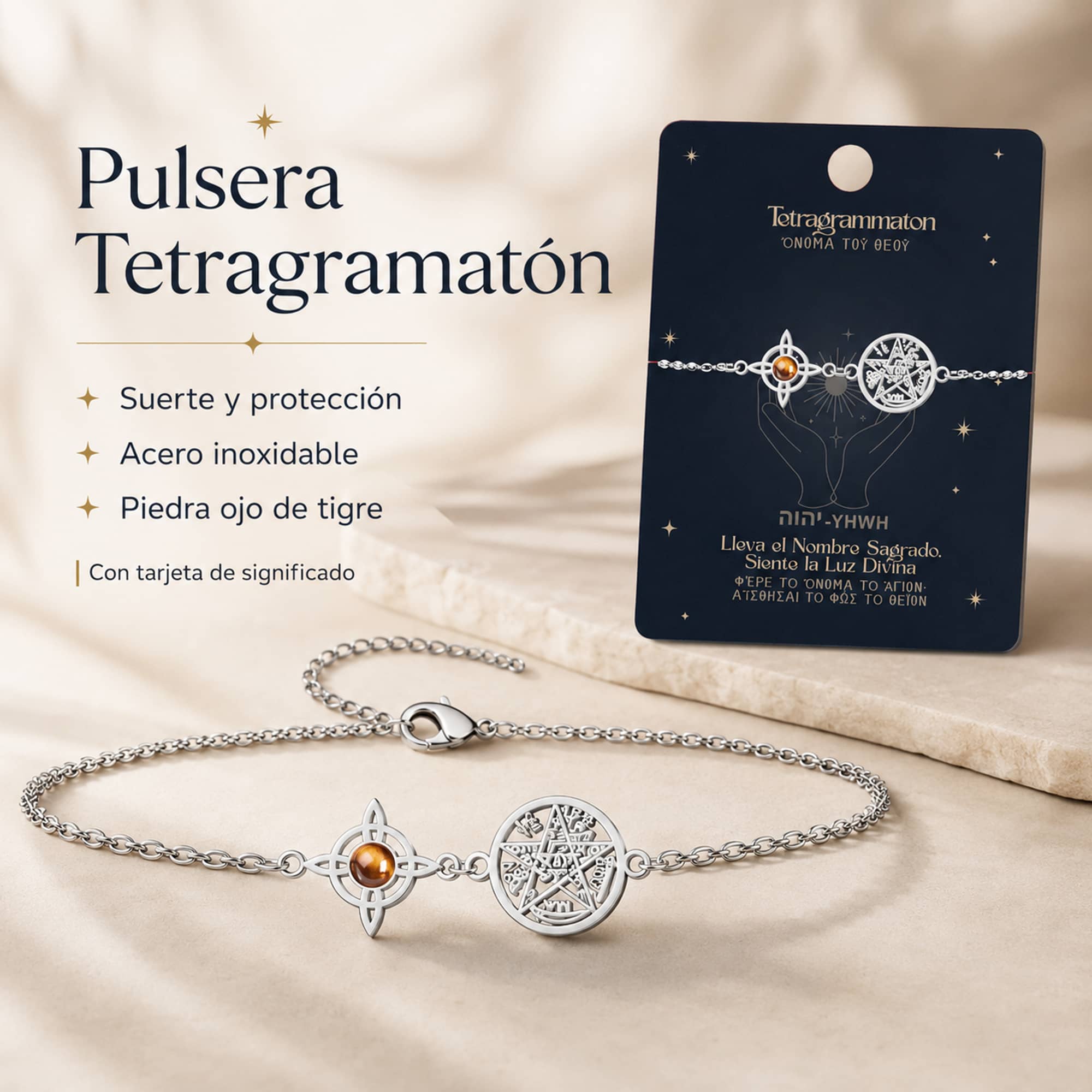 PULSERA TETRAGRAMATÓN CON NUDO DE BRUJA ACERO INOXIDABLE Y PIEDRA OJO DE TIGRE