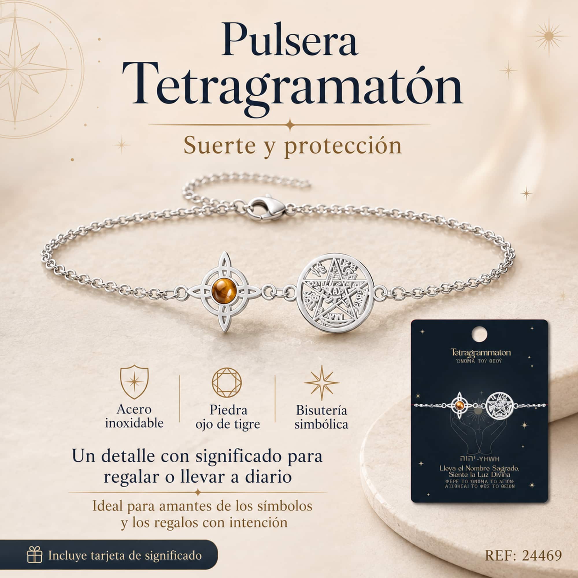 PULSERA TETRAGRAMATÓN CON NUDO DE BRUJA ACERO INOXIDABLE Y PIEDRA OJO DE TIGRE