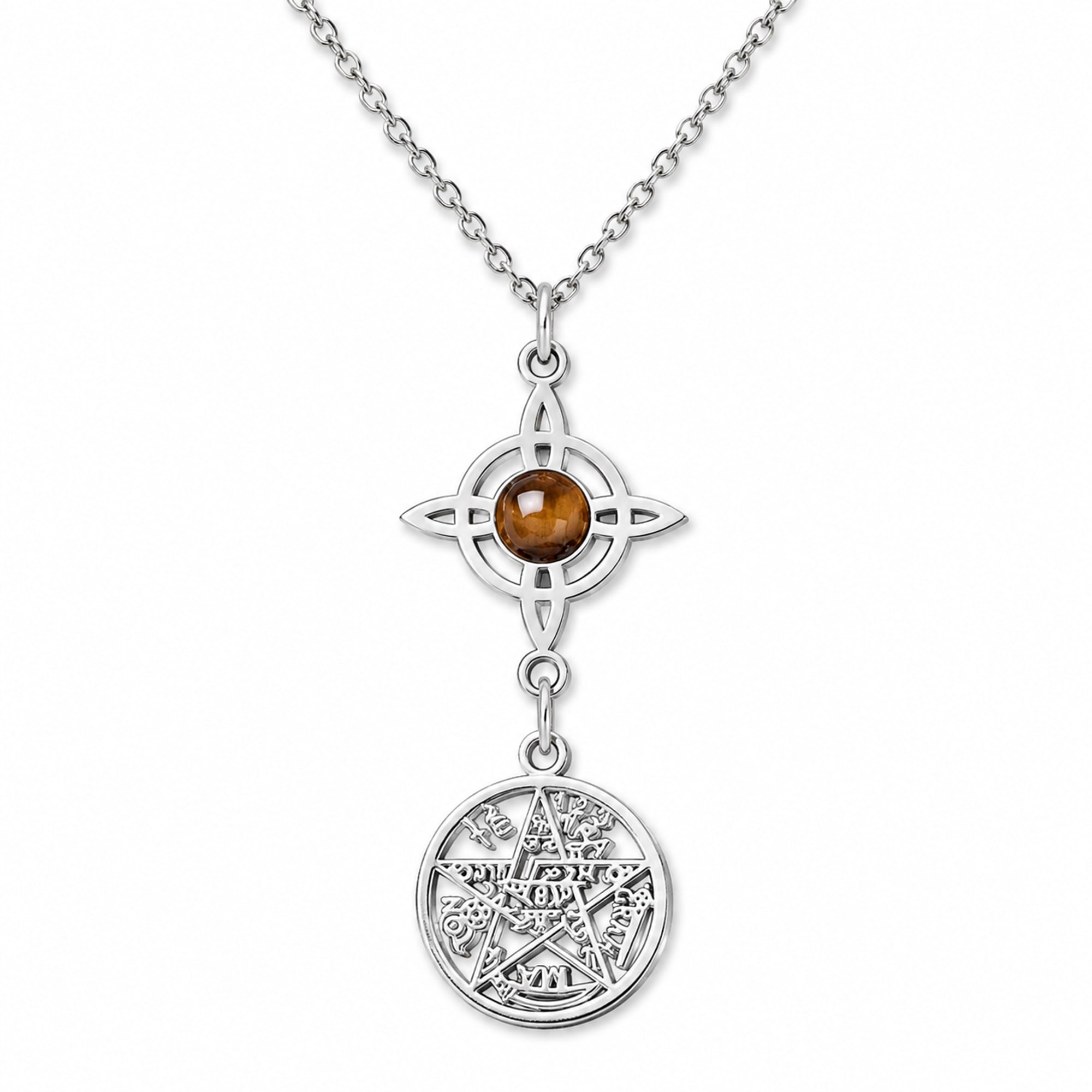 COLLAR TETRAGRAMATÓN CON NUDO DE BRUJA ACERO INOXIDABLE Y PIEDRA OJO DE TIGRE
