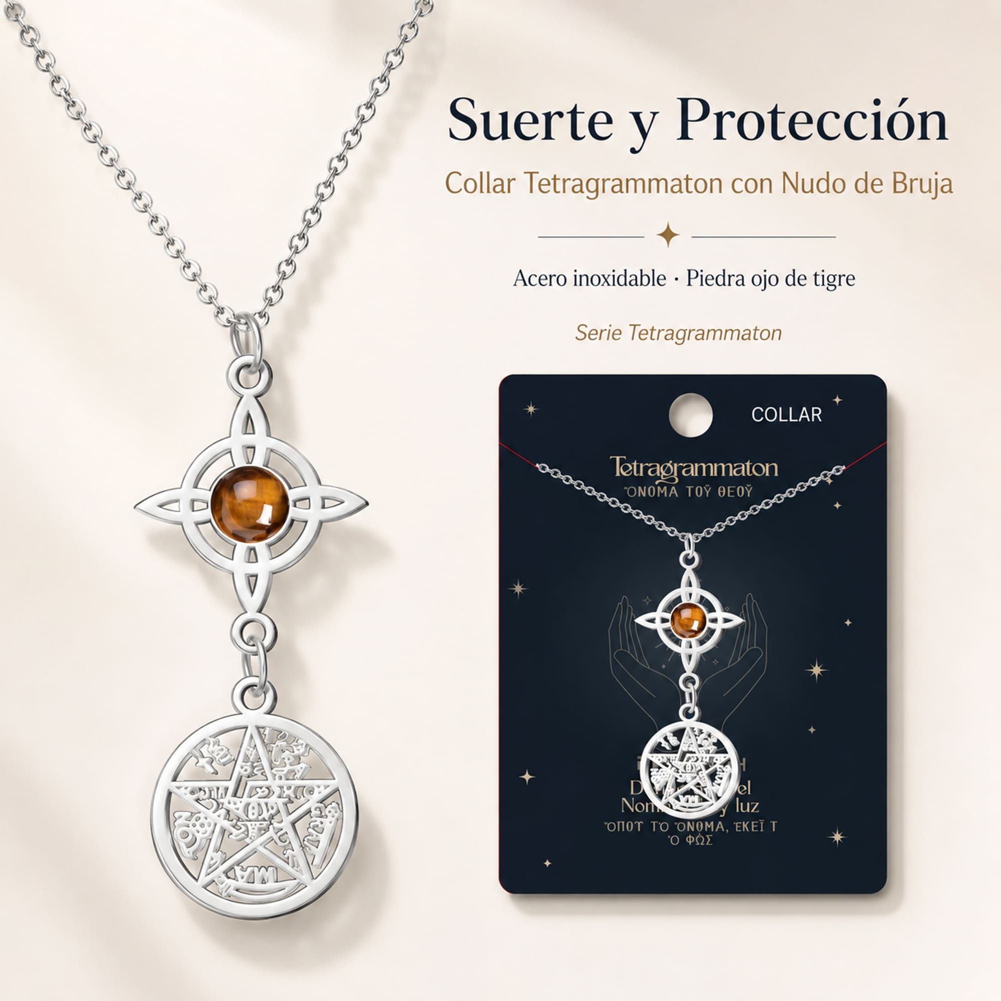 COLLAR TETRAGRAMATÓN CON NUDO DE BRUJA ACERO INOXIDABLE Y PIEDRA OJO DE TIGRE