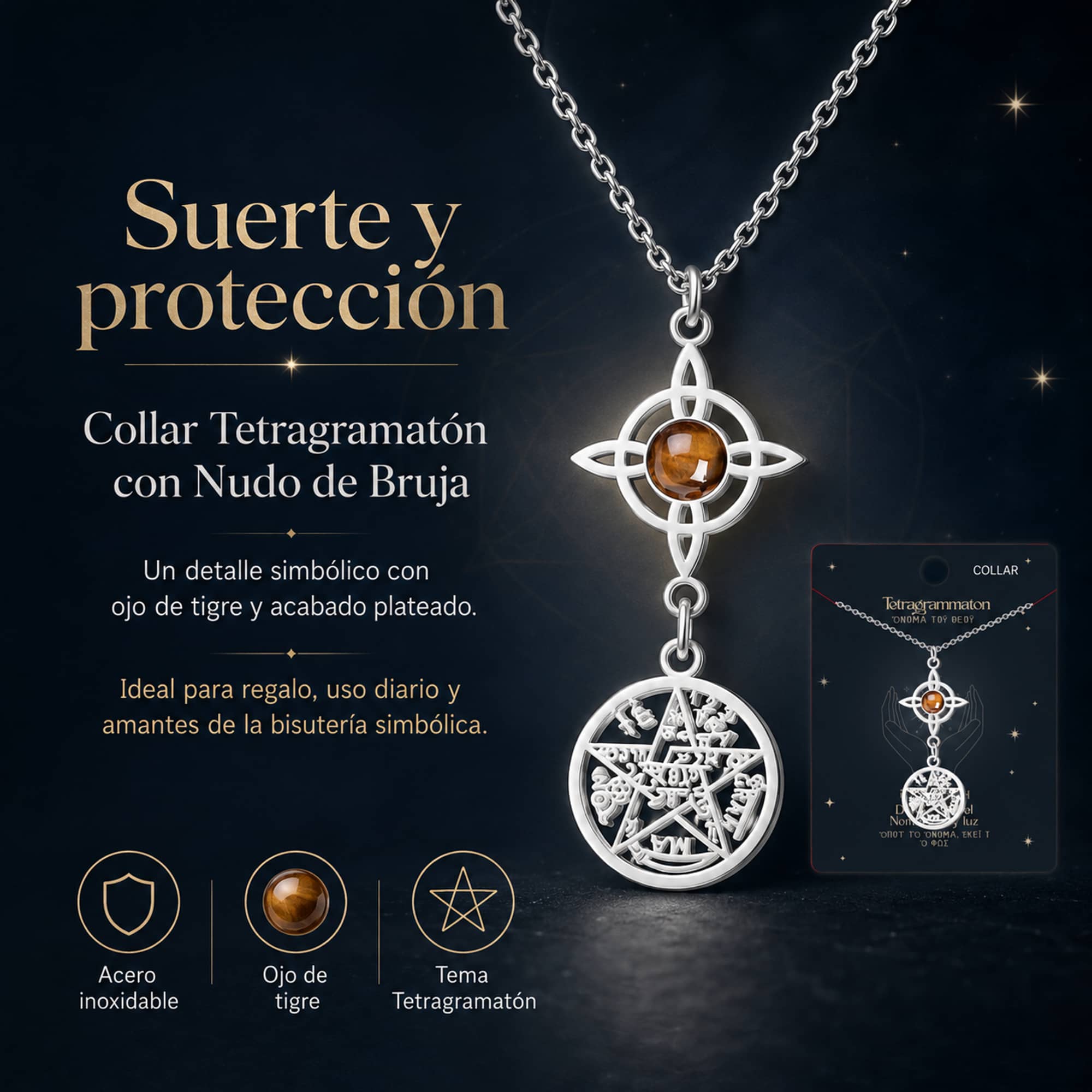 COLLAR TETRAGRAMATÓN CON NUDO DE BRUJA ACERO INOXIDABLE Y PIEDRA OJO DE TIGRE