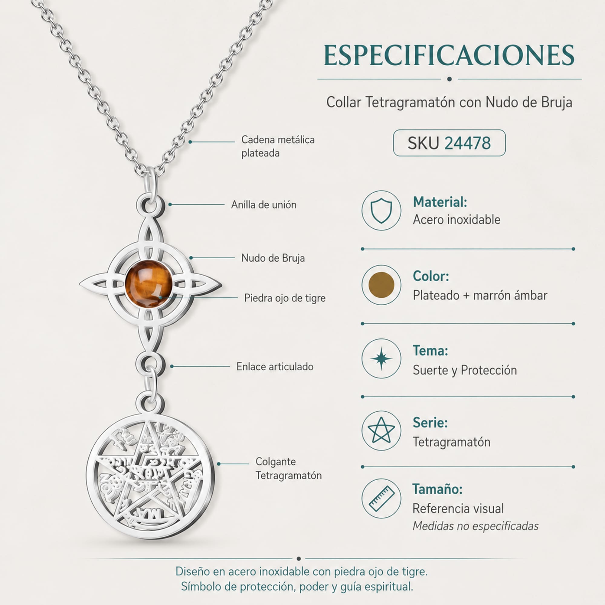 COLLAR TETRAGRAMATÓN CON NUDO DE BRUJA ACERO INOXIDABLE Y PIEDRA OJO DE TIGRE