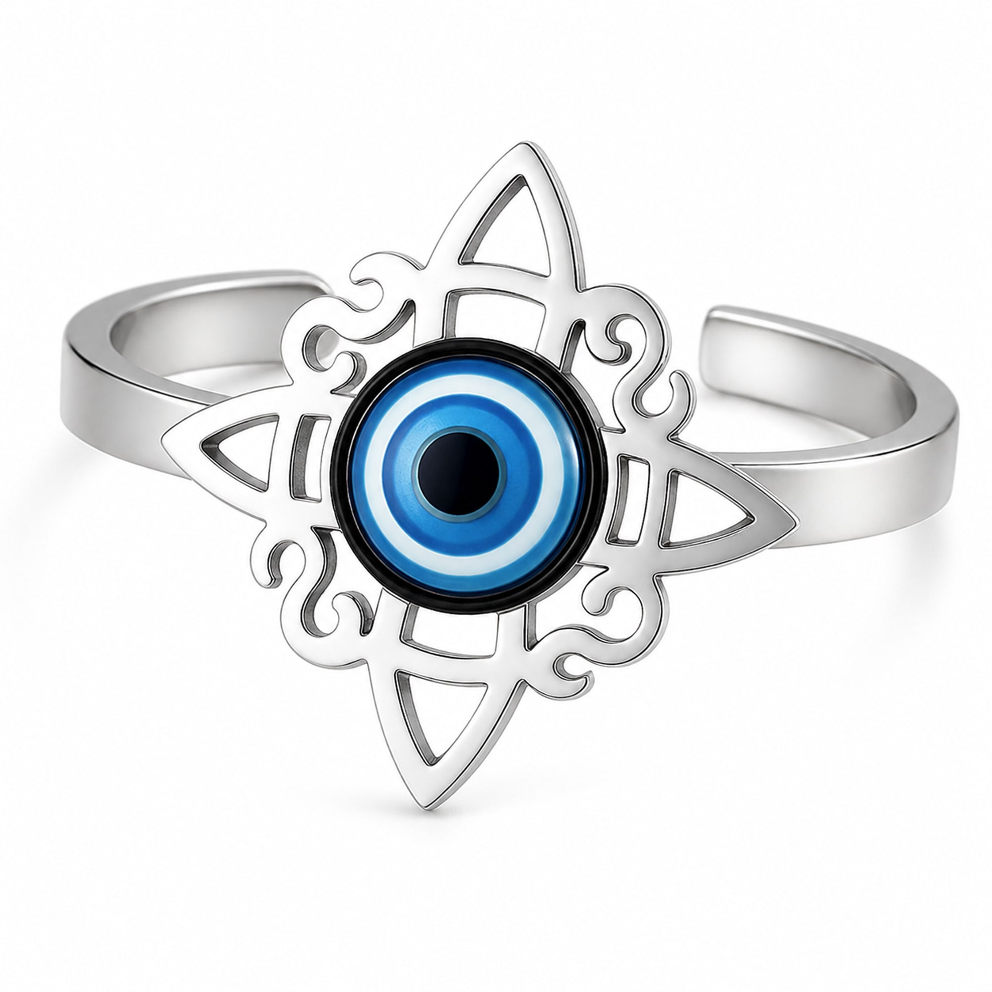 ANILLO NUDO DE BRUJA ACERO PLATEADO CON OJO DE TURCO