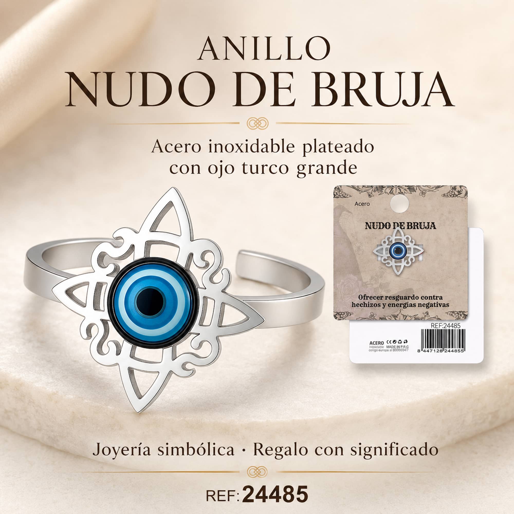 ANILLO NUDO DE BRUJA ACERO PLATEADO CON OJO DE TURCO