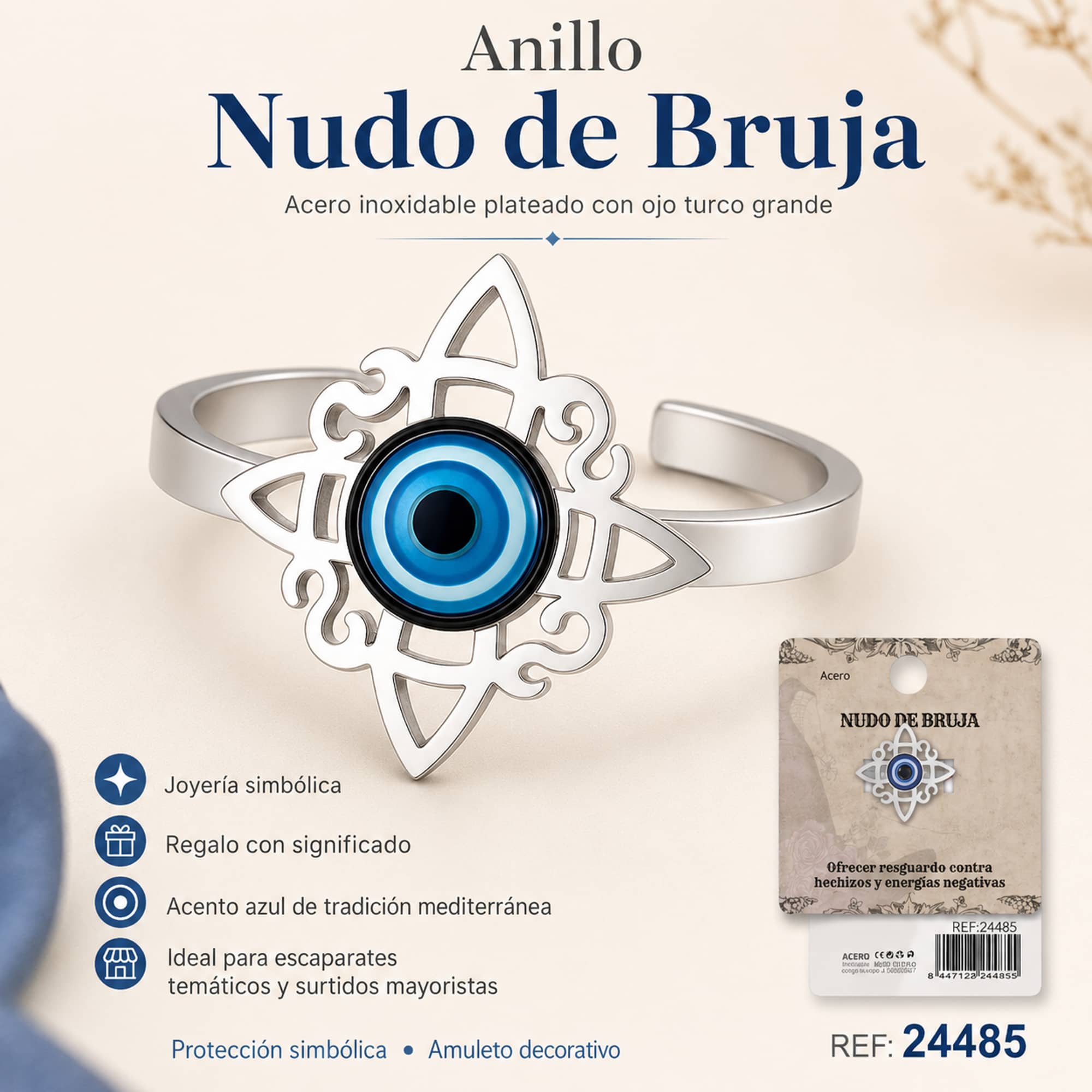 ANILLO NUDO DE BRUJA ACERO PLATEADO CON OJO DE TURCO