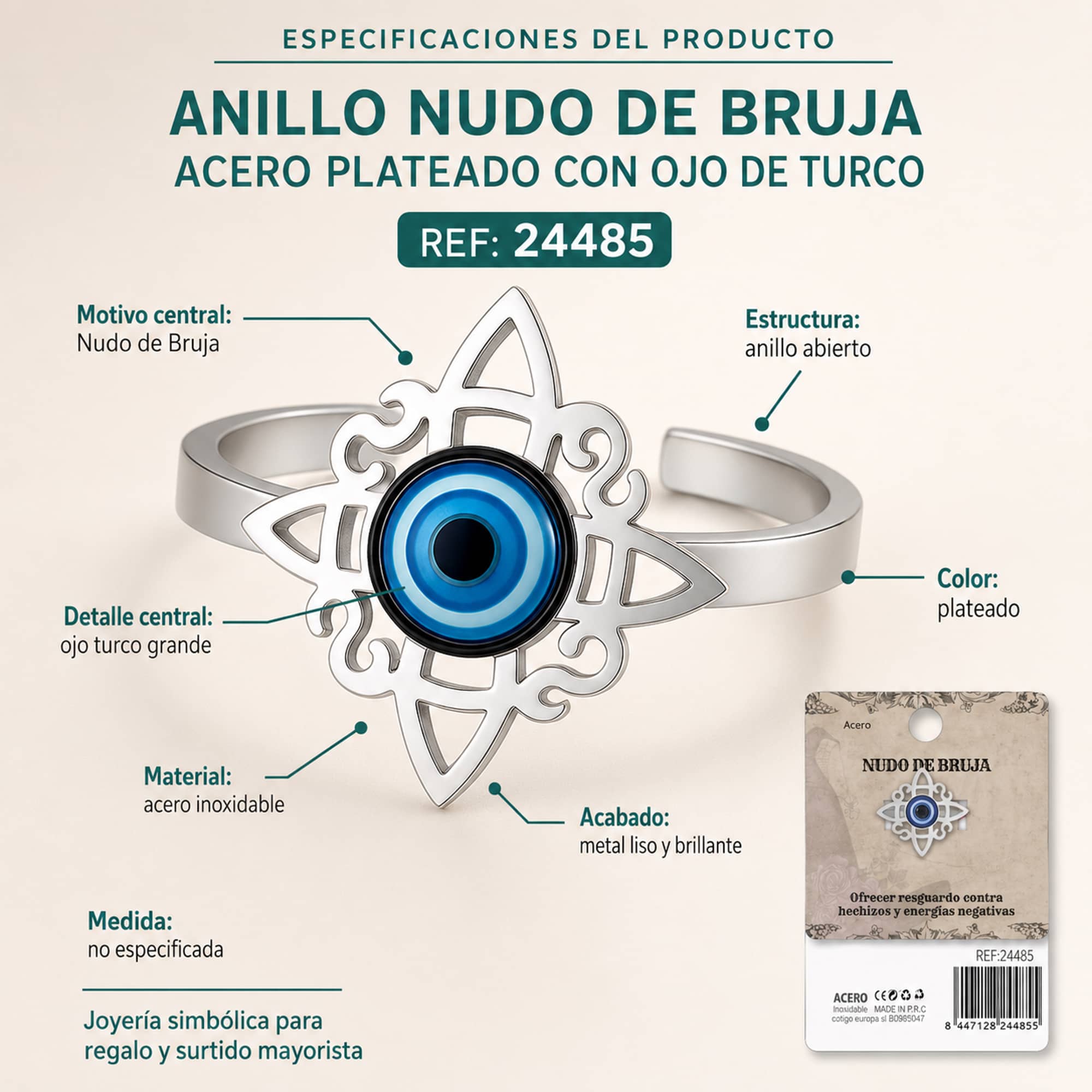 ANILLO NUDO DE BRUJA ACERO PLATEADO CON OJO DE TURCO
